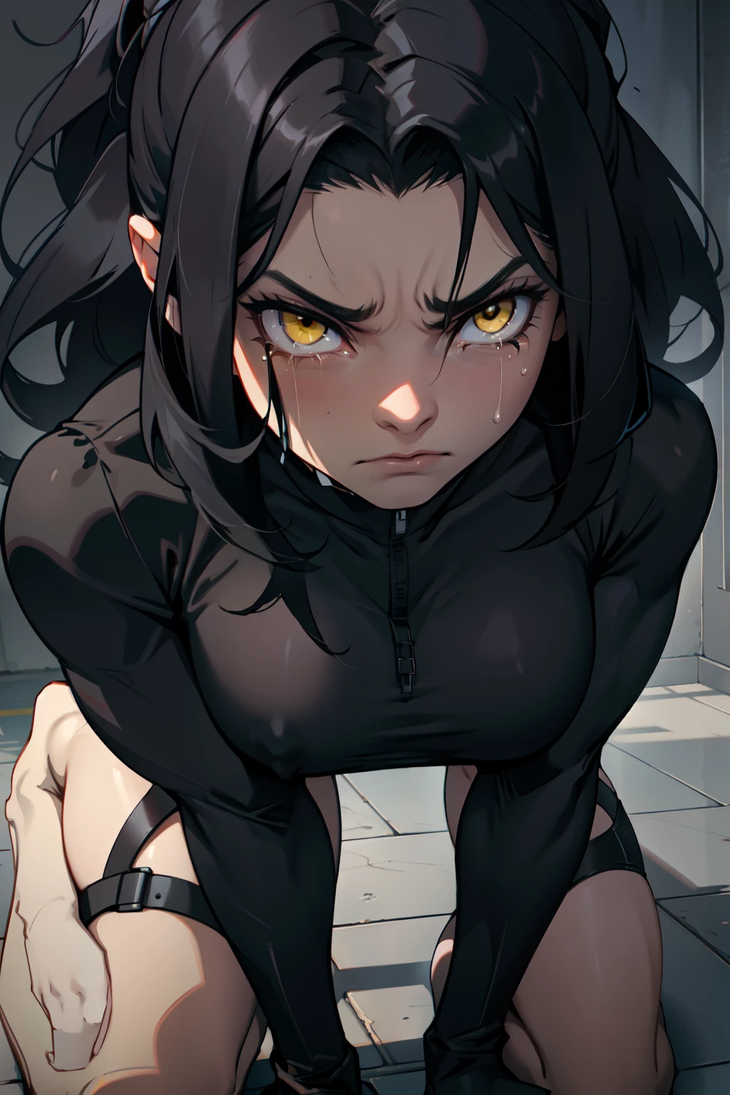 an angry muscular girl with long silky black hair and yellow eyes dark atmosphere pale skin huge breasts close up (crying) kneeling down