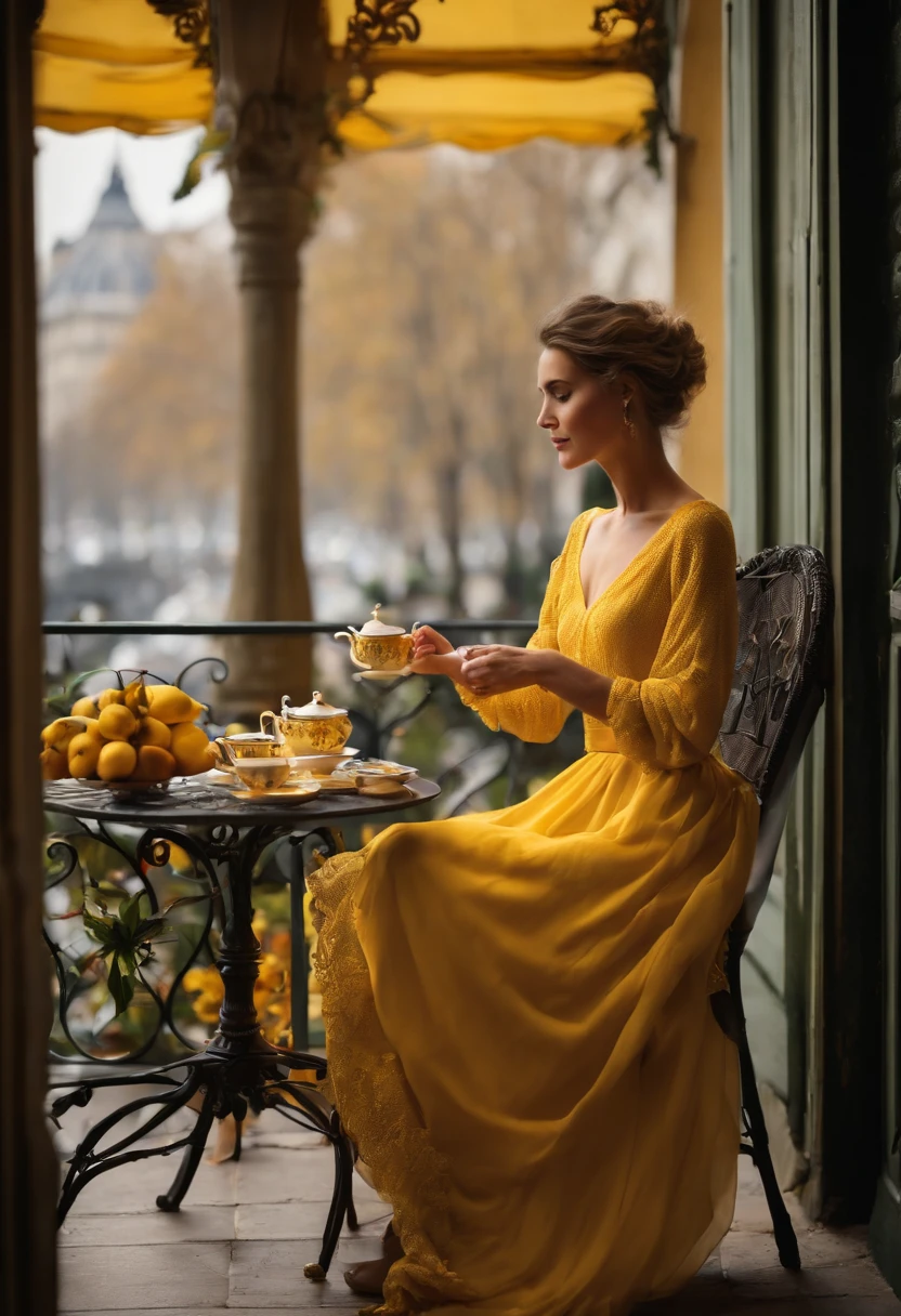 Beautiful woman having tea on a veranda with yellow dress in Paris at Christmas