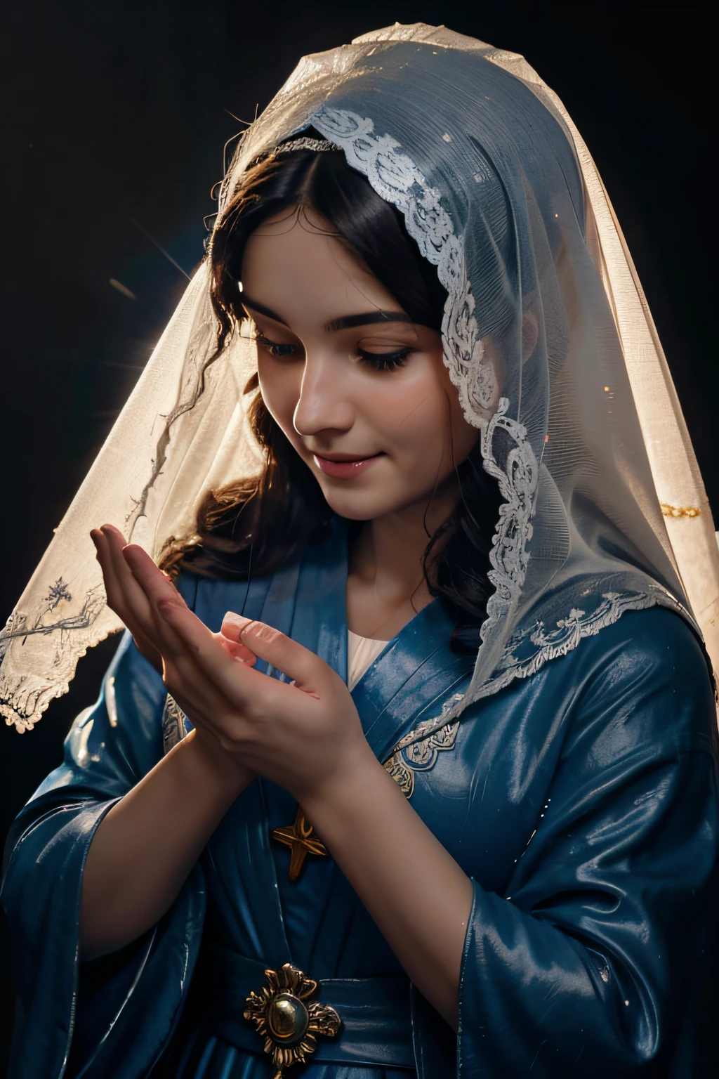 A close up of a woman in a blue dress and veil - SeaArt AI