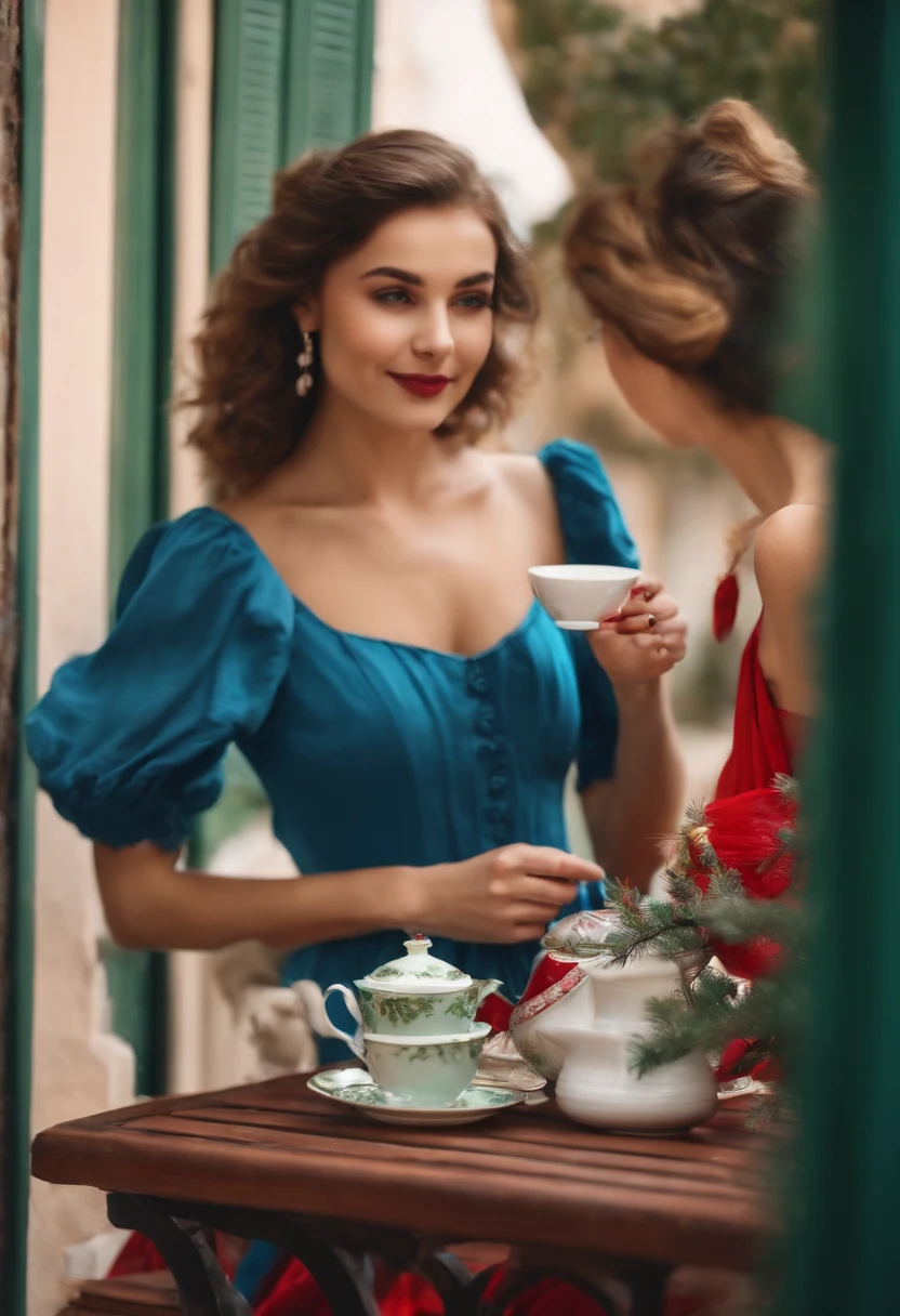 Beautiful young girl having tea on a balcony with short green dress at Christmas with other beautiful young girl wearing blue blouse and short red skirt