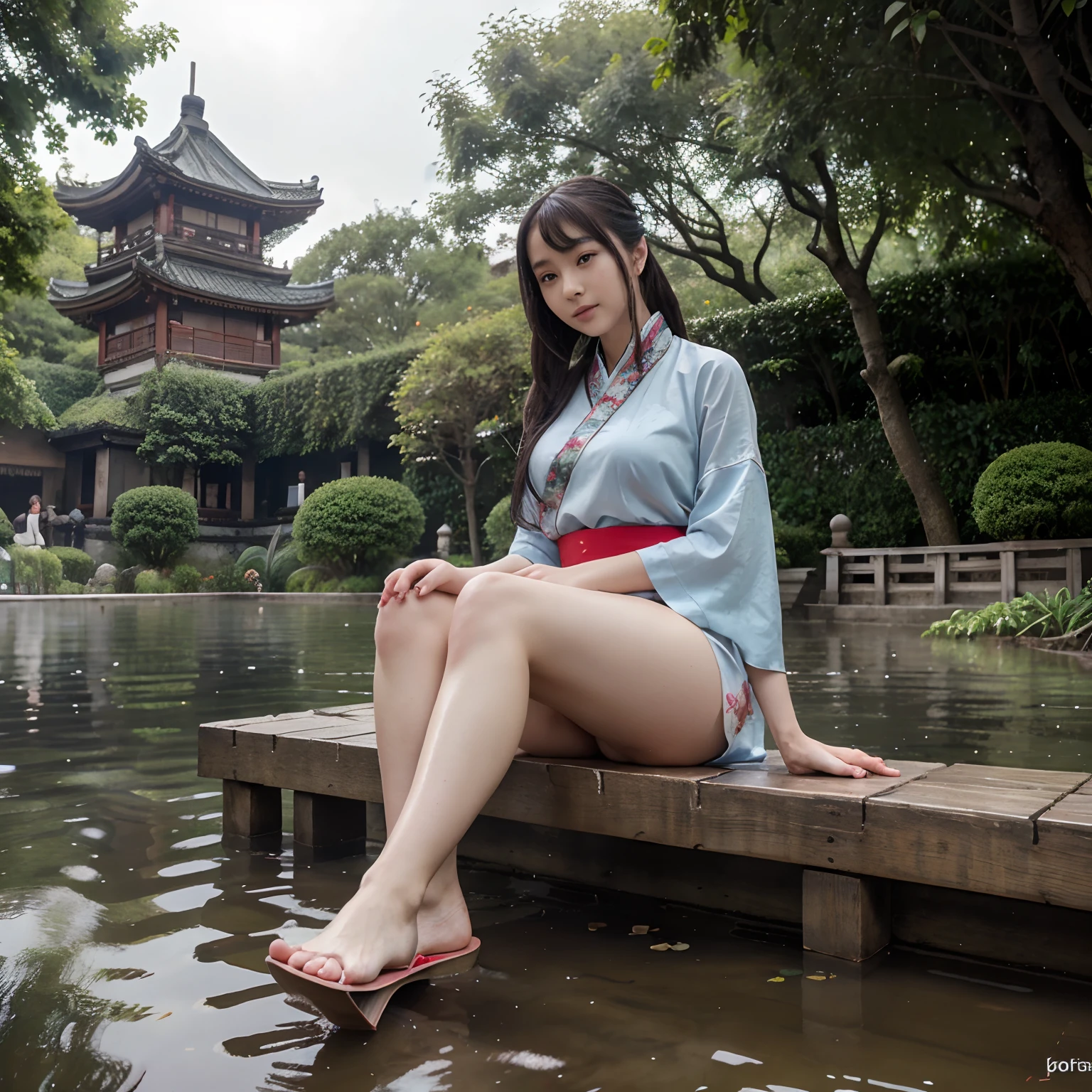 Hanfu, 1fille, seins moyens, clivage, montagne, soaked feet, assis, Contexte du parc chinois,cuisses blanches,eau claire,(pieds:1.3), Trop de fleurs,