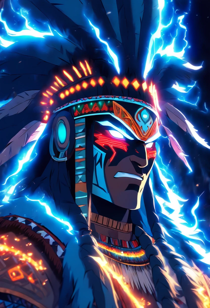 (((indigenous man))) melhor qualidade, Very high resolution, CG detalhado 4K, master part, Tupã,indigenous God,Cocar indigena, lightning in the background, standing pose, capacete,indigenous clothing, Amazon, Brasil, esthetic, bela imagem , centralizado na tela