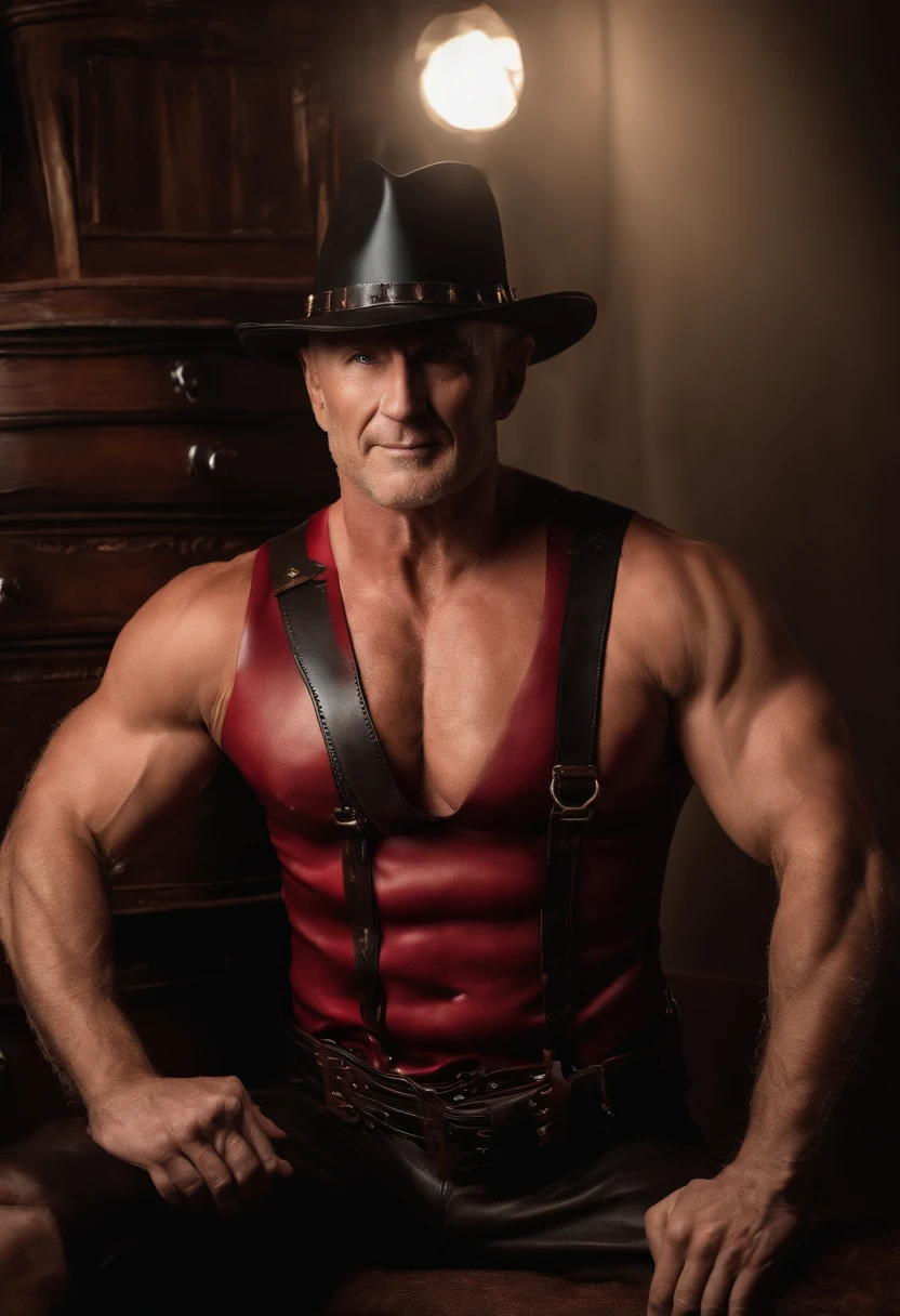 40 year old. Detailed Freddy Krueger Halloween shirtless with a leather harness. Hairy chest and body. Muscular. Masculine. Freddy Krueger claws. Realistic Freddy Krueger. Halloween costume ideas. Gay bear. Leather harness. 8k. Real engine. Gay leather harness with leather jock strap Freddy Krueger colors and style.