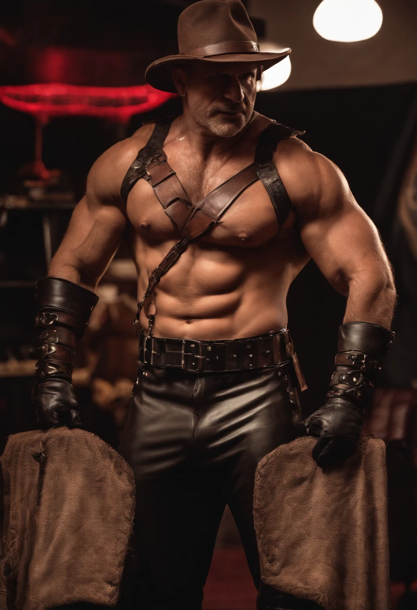 40 year old. Detailed Freddy Krueger Halloween shirtless with a leather harness. Hairy chest and body. Muscular. Masculine. Freddy Krueger claws. Realistic Freddy Krueger. Halloween costume ideas. Gay bear. Leather harness. 8k. Real engine. Gay leather harness with leather jock strap Freddy Krueger colors and style.