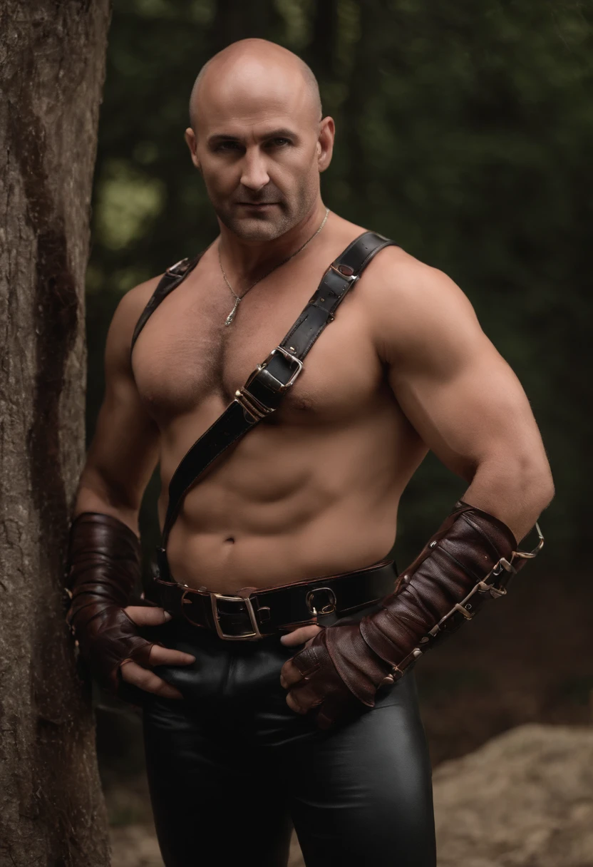 40 year old. Detailed Freddy Krueger Halloween shirtless with a leather harness. Hairy chest and body. Muscular. Masculine. Freddy Krueger claws. Realistic Freddy Krueger. Halloween costume ideas. Gay bear. Leather harness. 8k. Real engine. Gay leather harness with leather jock strap Freddy Krueger colors and style.