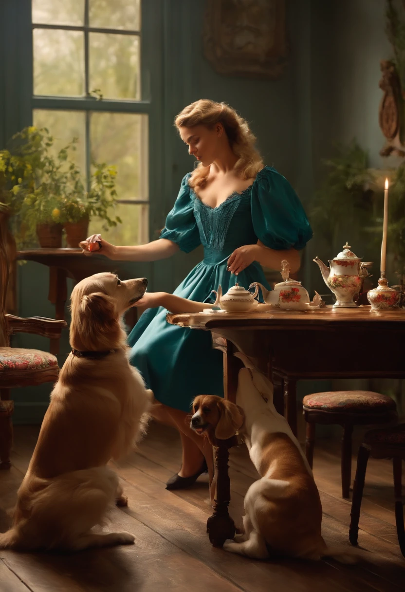 Pretty girl in short verfde dress toaming tea with dog on top of table pointing a shotgun at another dog on the floor