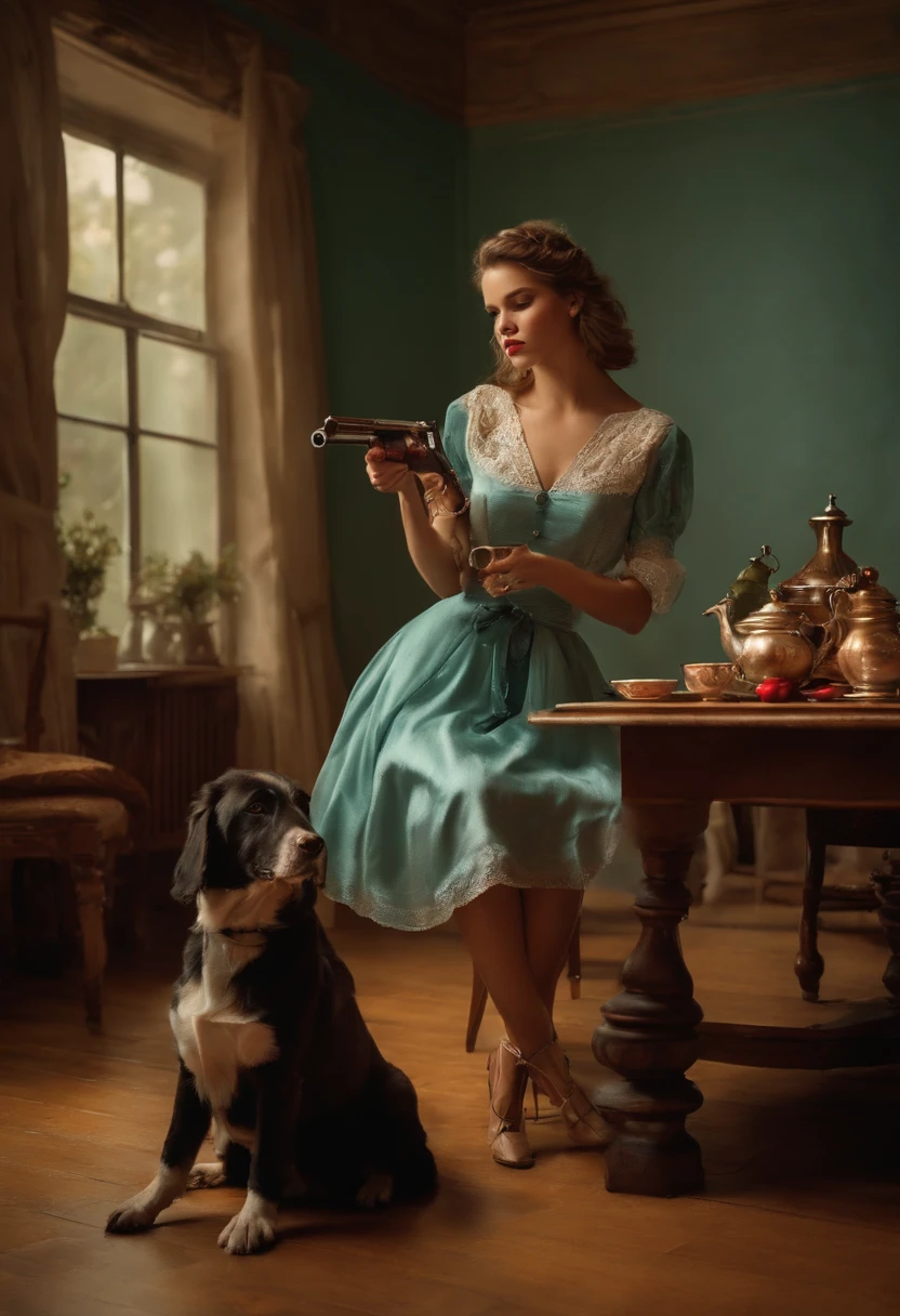 Pretty girl in short verfde dress toaming tea with dog on top of table pointing a shotgun at another dog on the floor