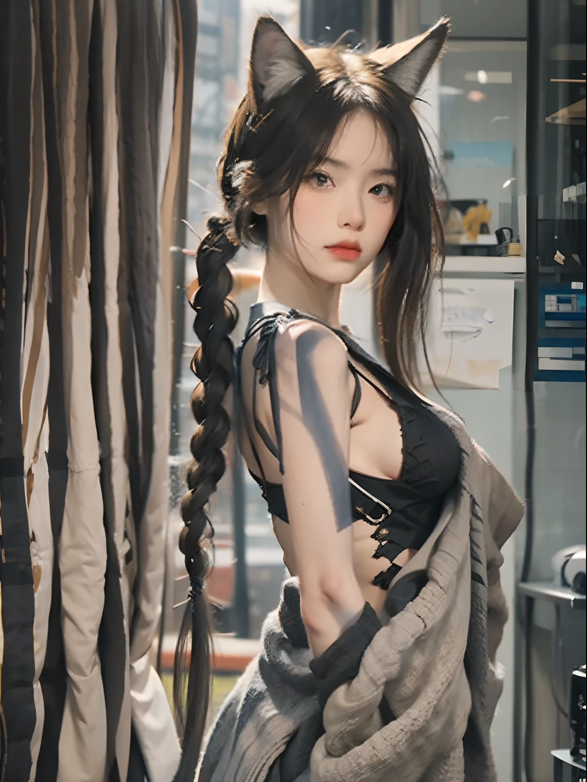 The fox has nine tails and has a man human body, standing and showing her perfect figure, perfect height, beautiful body, rich close-up, ultra HD images, high attention to detail, detail level, Moody Lighting, Radioluminescence