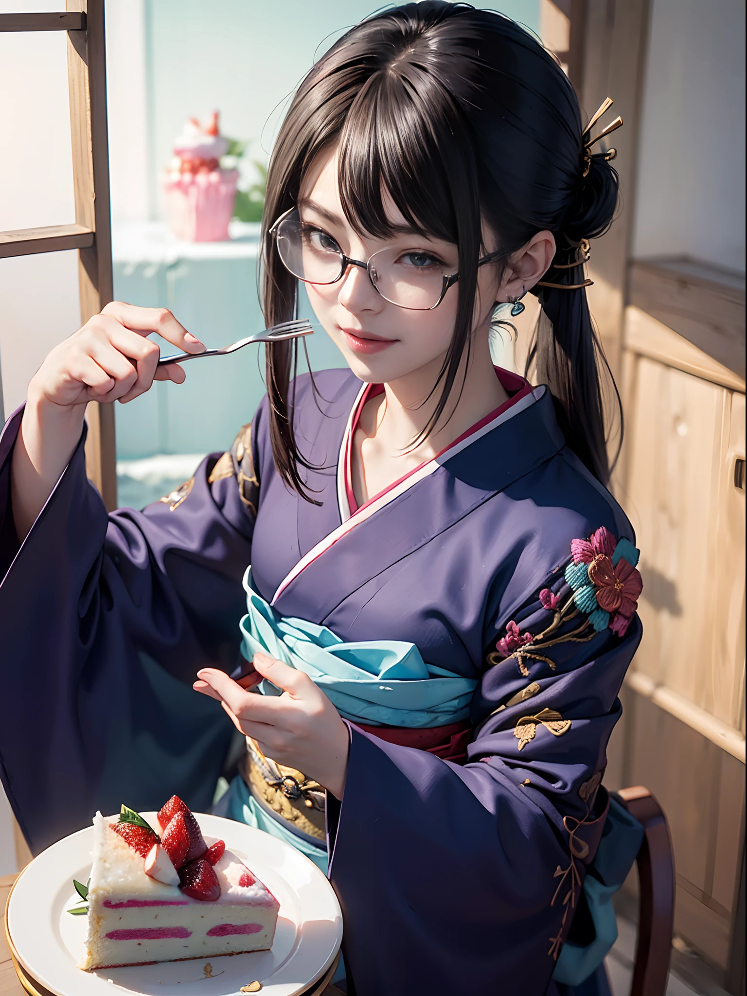 (rokoko:1.5),Background of details(Delicious looking cake:1.5),BREAK ,elaborate costume(Luxury kimono(Colorful kimono(detailed embroidery()))),BREAK,(1 Beautiful and classy adult woman(I'm smiling)(Japanese actressl:1.2)(glossy dark hair(poneyTail:1.2))),(eye glass(four corners:1.2):1.5),(Have a fork),BREAK,Wallpapers 16K,Blur the background,(masutepiece:1.5),(Best Quality:1.5),(Portrait photos:1.5),From  above