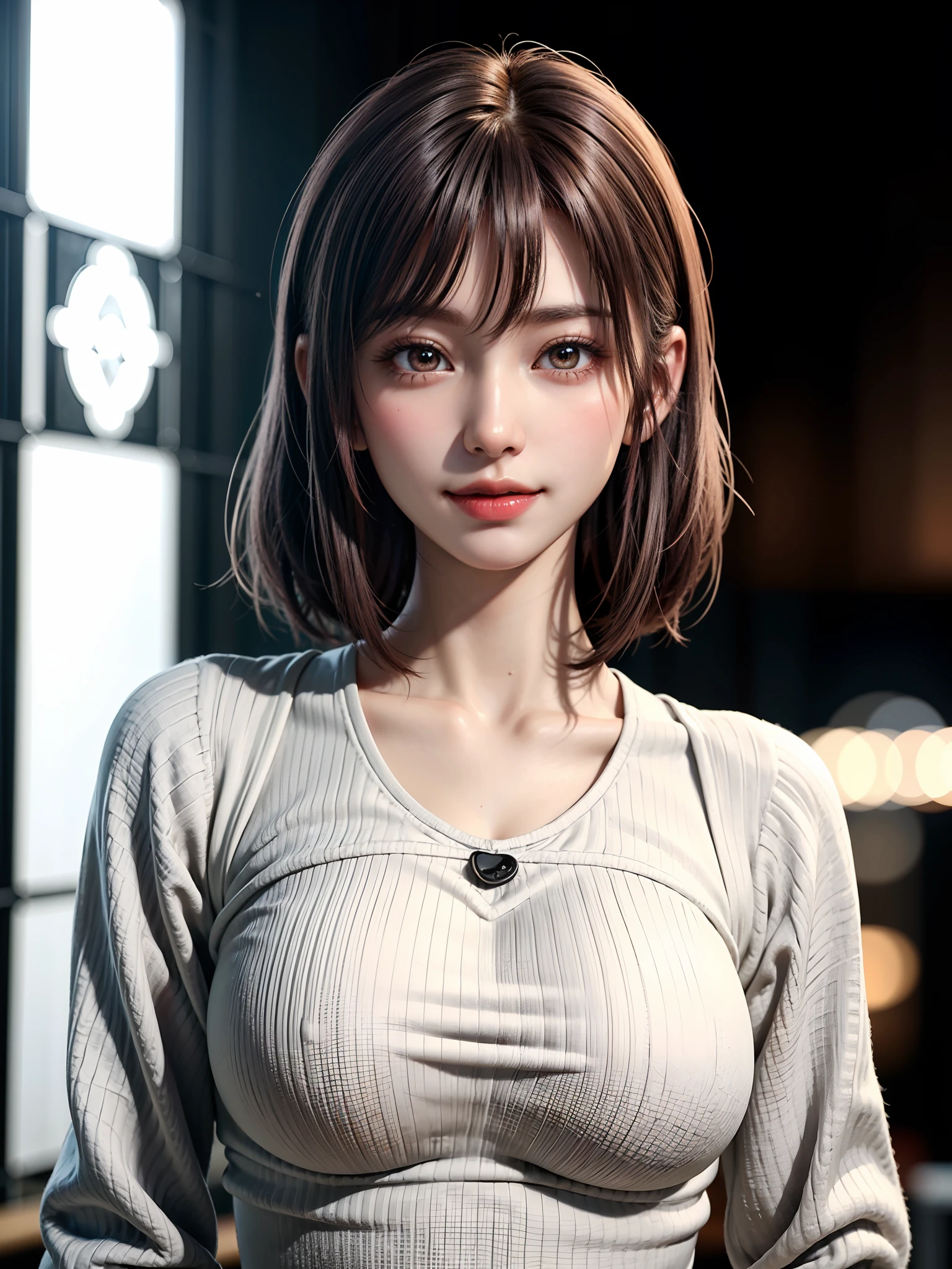 A close up of a woman with a short hair and a sweater - SeaArt AI