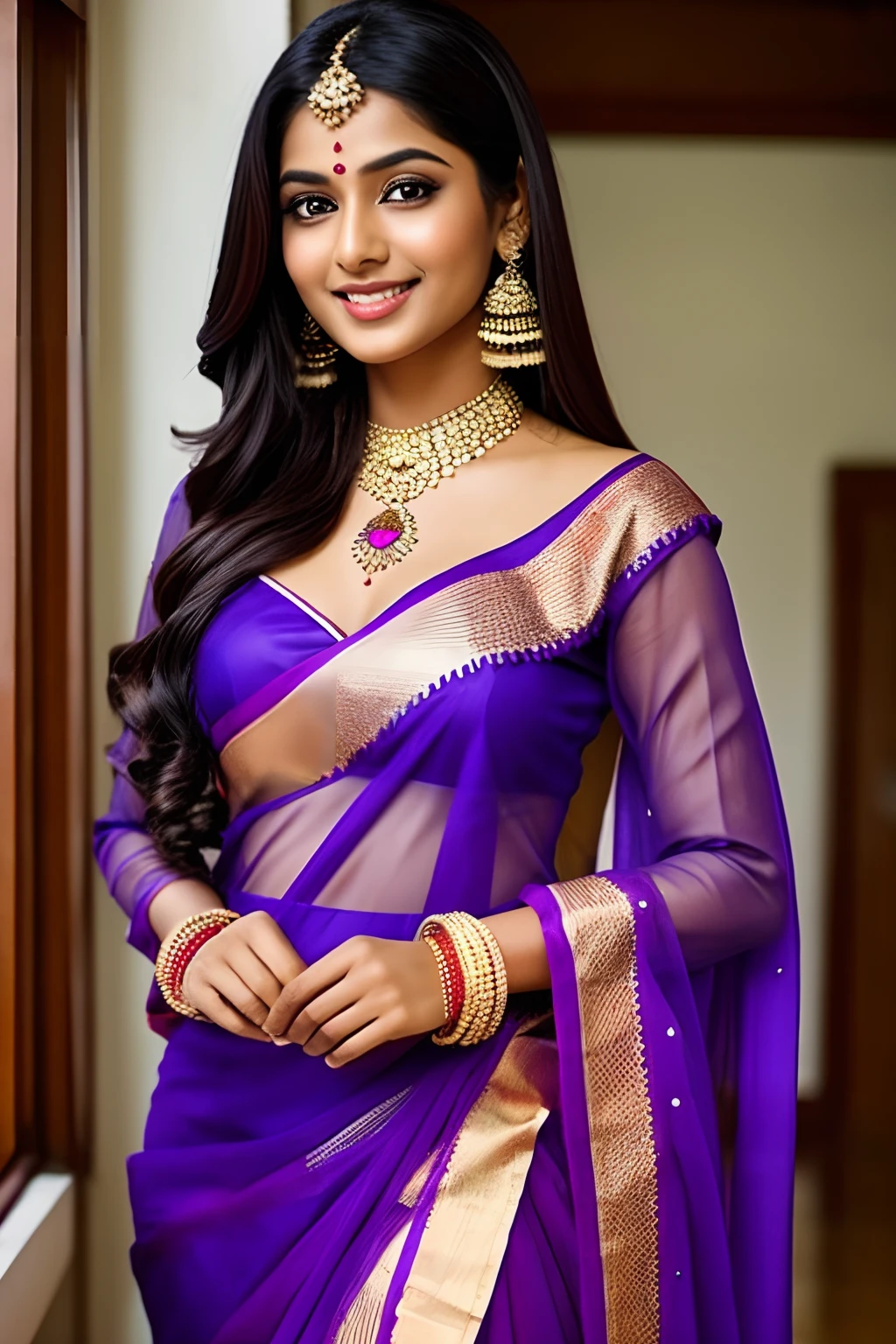 Indian woman、A smile、Female sexy、Traditional Indian costume in purple