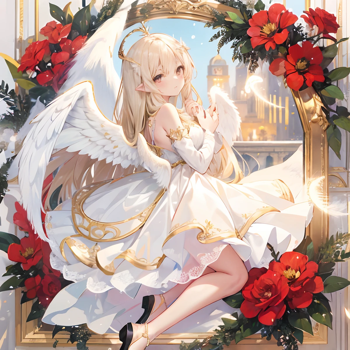 Ultra-realistic photo of a girl in a majestic white and golden ball gown dress, Big beautiful dress, Complex puffy ball gown with lots of frills and rhinestones (Best Quality, masutepiece, ((Angel wings:1.2))。 art  stations, Fantasy Art:1.2), Palace rooms, Beautiful cute girl, (Black Long Hair:1.3), (Complex short gold skirt, Bare legs:1.2, Full body shot)