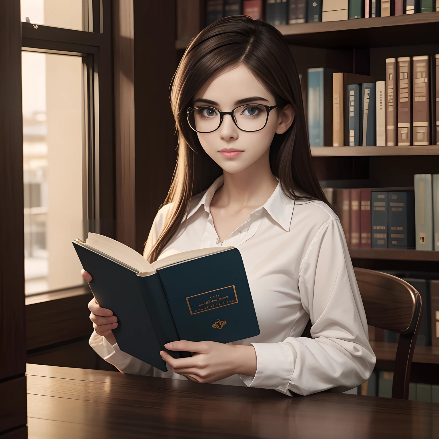 Imagem de uma linda Mulher perto de uma mesa com um livro, With eye Glasses, muito sensual, with glasses on, thick glasses, nerdy appearance, Librarian, biblioteca com janela para uma paisagem urbana, girl with glasses, with square glasses, nerd, Pose casual, bespectacled, em uma mesa, jovem Amouranth bonito, wearing glasses, olhar sedutoramente na frente, assunto completo em tiro, glasses, copos grandes, 8k, legume