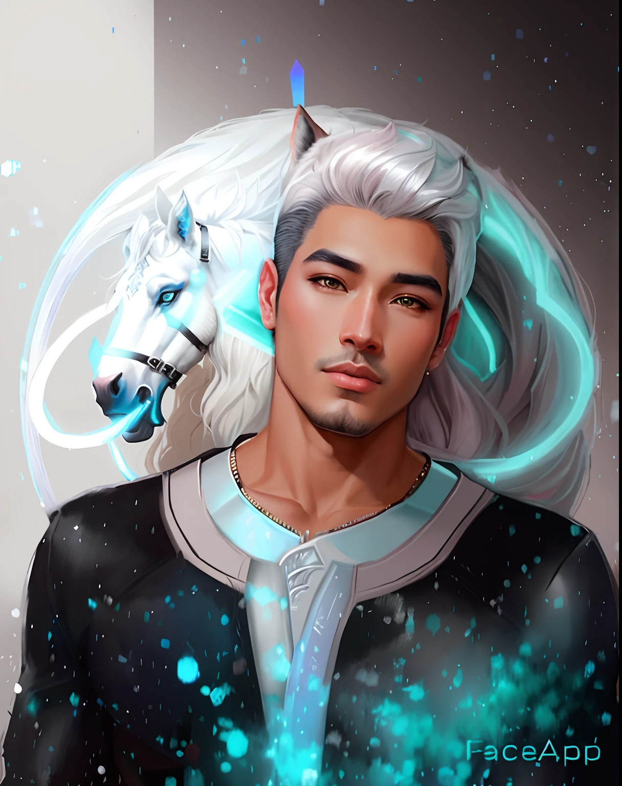 um close up de uma pessoa com um cavalo ao fundo, inspirado em Kieran Yanner, Edmund Blair e Charlie Bowater, Ele tem olhos de lobo amarelos, inspirado em Adam Dario Keel, Inspirado em Kris de Deltarrune, inspirado em Steven James Petruccio, inspirado por Yang Jin, estilo de arte realista, Artista conceitual do Ryan Glitter, bonito impressionante realista