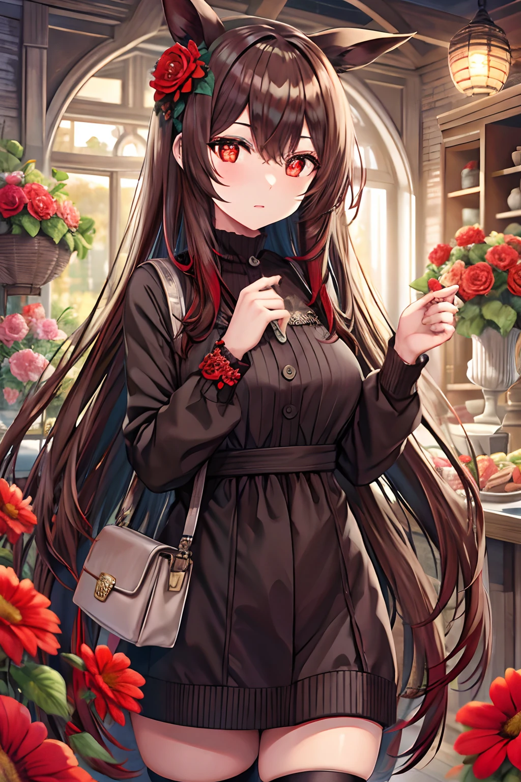 Red Eyes, flower-shaped pupils,, long brown hair