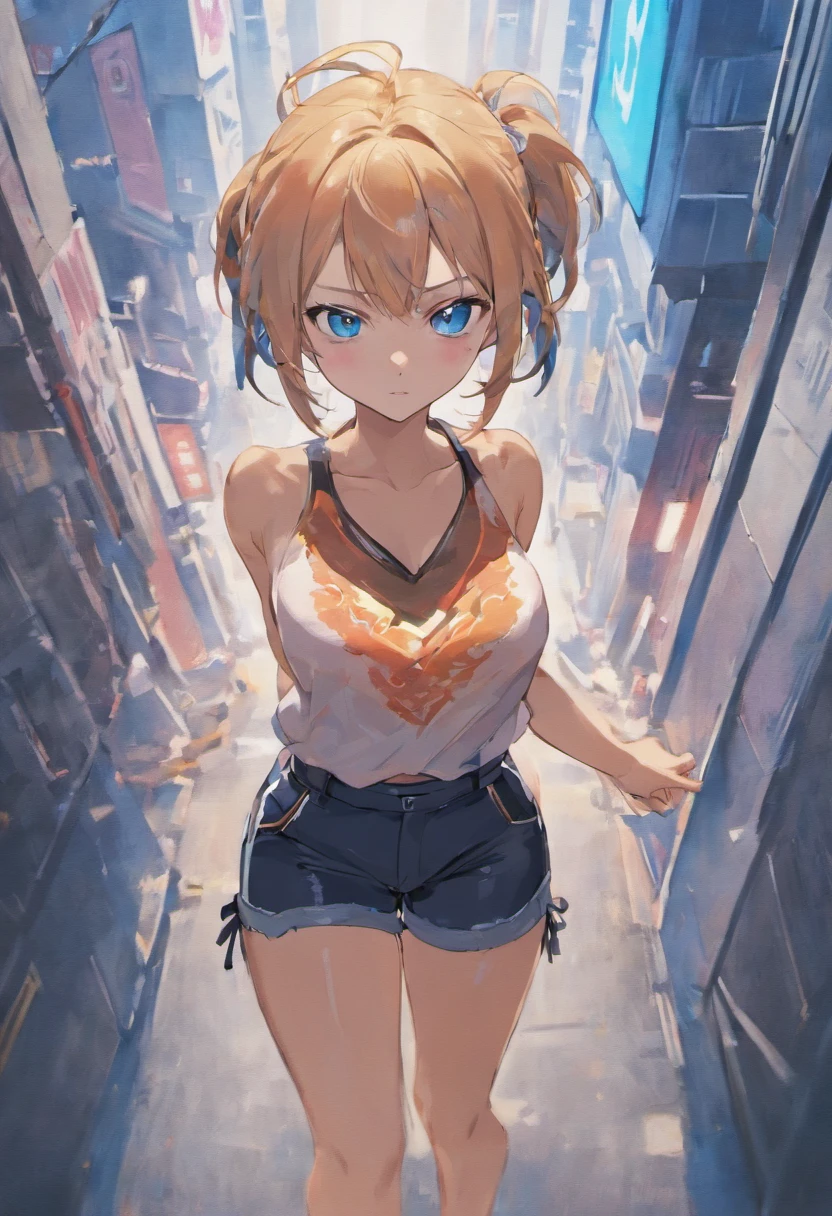 ((Medium chest, Long hair, small head)), Daylight, Sunlight, (well-defined abs: 1.1), (Perfect body: 1.1), (short wavy hair: 1.2), Russet Hair, Collar, chain, Full body photo, Shabby street, wearing a black tank top, Denim jacket, ((Shorts)), (Very detailed CG 8k wallpaper), (Extremely delicate and beautiful), (masutepiece), (Best Quality: 1.0), (Hyper-Resolution: 1.0), Beautiful lighting, Perfect Lightning, Realistic Shadows, [High resolution], detailed skins, ultra-detailliert