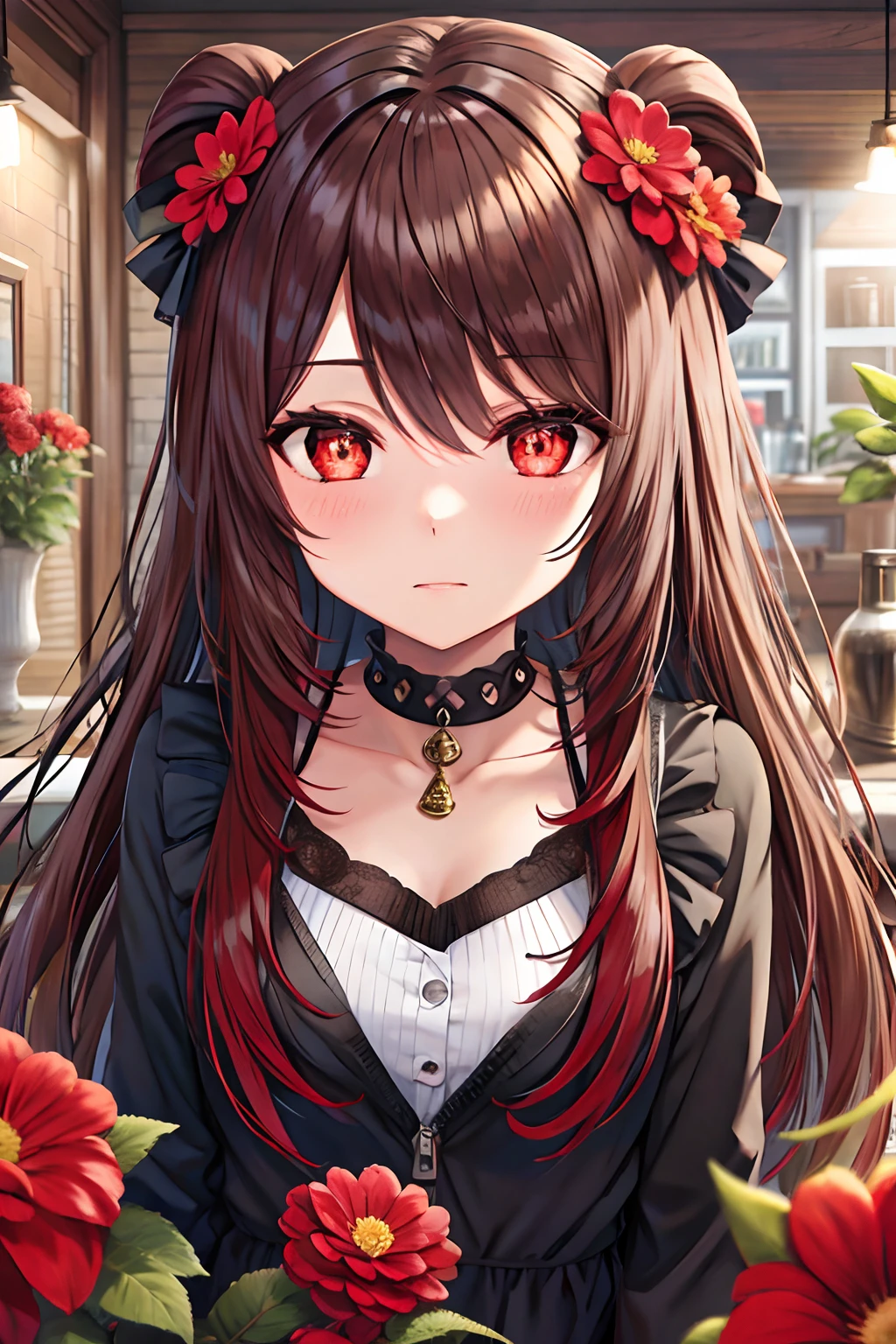 Red Eyes, flower-shaped pupils,, long brown hair