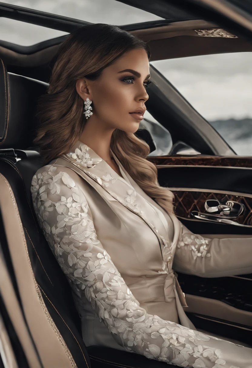 (obra-prima, melhor qualidade),1Sultry jovem loira com cabelos claros sentada em um carro bentley benteyga, preto, the hand under his chin, warm lighting, vestido curto