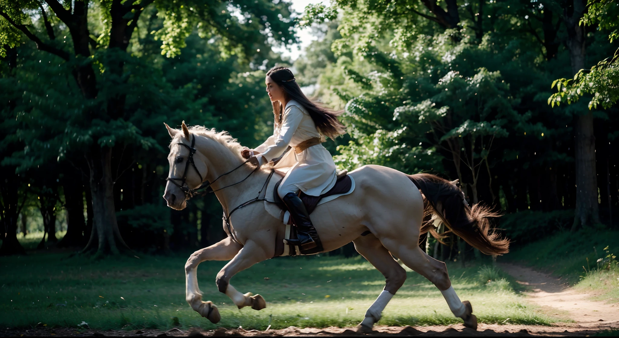 Generate a highly realistic and cinematic image of Lirael, a young woman of elven appearance, montada em um cavalo branco que galopa a toda velocidade. A cena se passa em um bosque exuberante na terra dos elfos. Lirael is galloping parallel to the camera's view, so that the scenery of the woods suffers a motion blur effect due to the high speed of the horse.

Lirael wears dazzling elven robes that underscore her grace and beauty. Her dark hair flutters in the wind as she rides with determination. Your eyes reflect the intensity of the situation, com um olhar focado e urgente.

The white horse is slender and majestic, with its mane blowing in the wind and its paws looking like they barely touch the ground. The surrounding elven grove is lush, with majestic trees and lush foliage.

The image should capture the dynamic movement of Lirael and the horse, with the motion blur effect on the scenery to emphasize speed. The lighting should be soft and bring out every detail, com alta qualidade de imagem.
