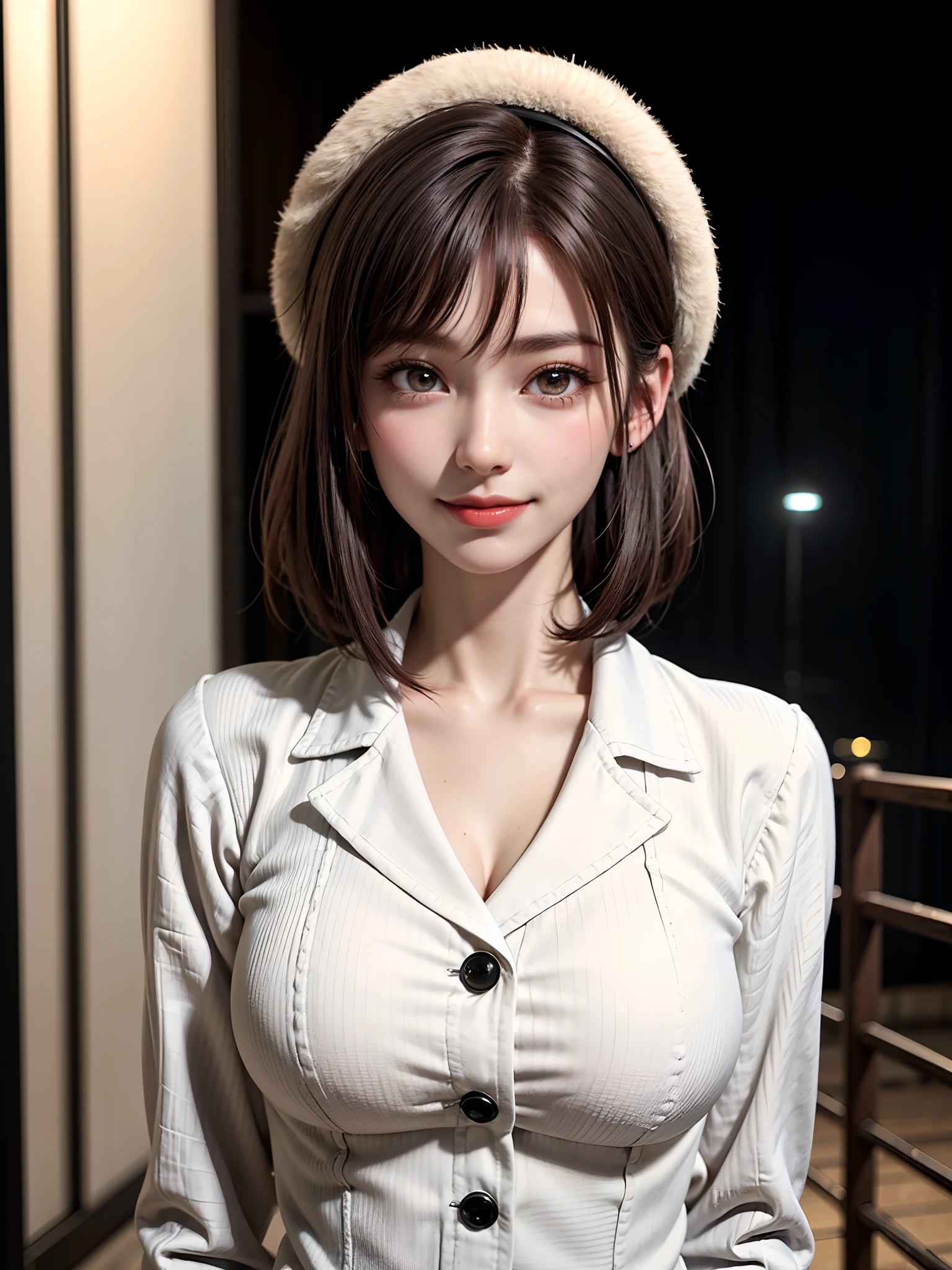 (​masterpiece, top-quality、Beautiful woman full of adult charm:1.4、Head tilt),1girl in, 独奏, A dark-haired, scarf, Hats,, realisitic, looking at the viewers, black eyes of light color, shorth hair, coat, Winter clothes, White headscarf, s lips, lipgloss，bangss,, a closed mouth, The upper part of the body、big eye、Lashes、((Street))、((Shorthair with bangs、big eye、Put very strong highlights in your students、very Bigger breasts、gazing at viewer、Very beautiful beauty、Put your ears out、long neck、little smiling、Close your mouth and smile)))、28 year old、Cute supermodels