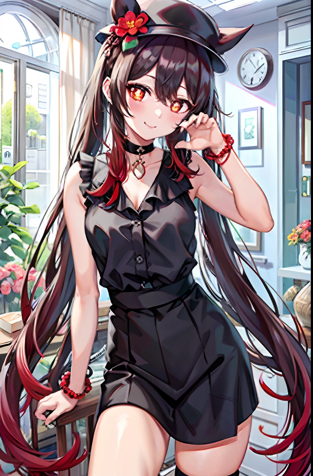 Best Quality, 超A high resolution, 1girl in, sleeveless white button shirt, Black skirt, Black Choker, Cute, (aegyo sal:1), ( long red-brown hair:1), ((Puffy eyes)), Look at me, Full body, Smile at me, Red Eyes, flower pupils, Dolce, Beautiful, Cute, looking after, Shy, Love me with all your heart
