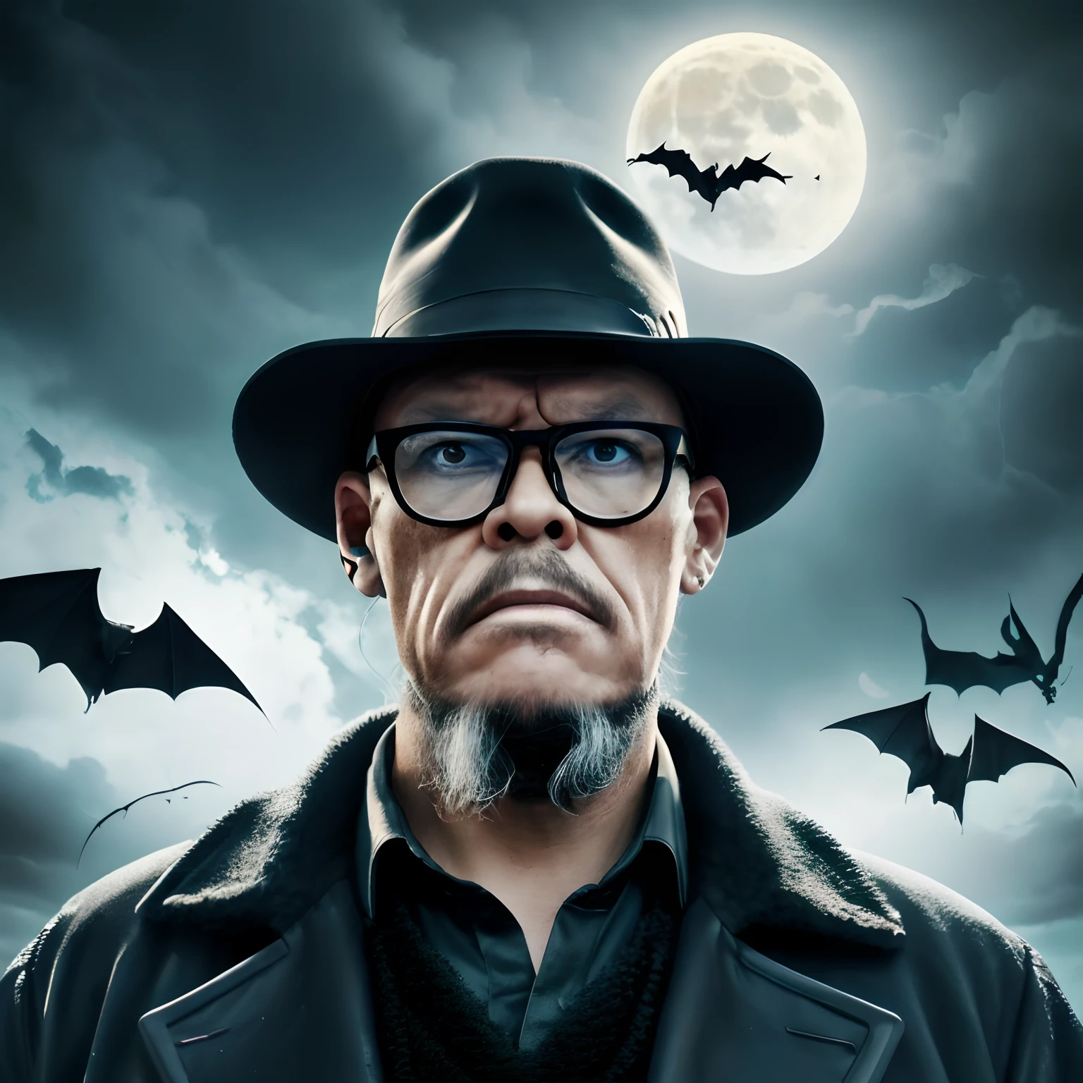 guttojugg1, Close-up of a scary-looking man wearing glasses, barba, olhos negros, that's a scary undertaker, usando smoking e cartola, holding a shovel, Background is a full moon and bats, The humor is morbid, sombrio, dreadful, sombrio, Assombrando, dark stormy sky, dramatic lighting, design de personagens.