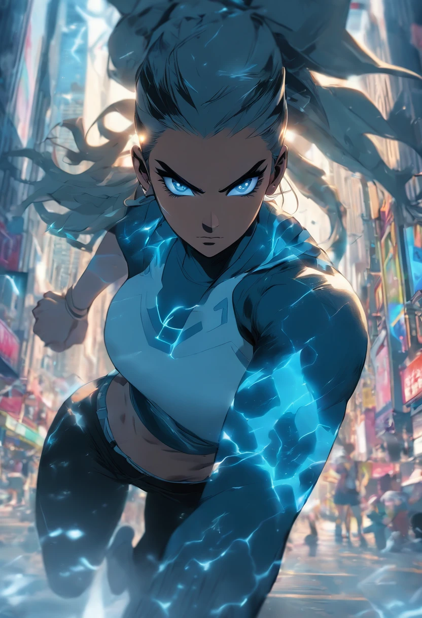 Blue eyes, Masterpiece, Best Quality, 8K, Photographic Reality, Realistic, Octane Rendering, Bustling Urban Streets of CHicago (1 Woman: 1.4), (Only One Woman on the Screen: 1.3), (Grey Shirt), (Black Hair in Ponytail), (Black shorts), (silver teardrop pendant), (Blue Eyes) Upper Body Display (Asian-American) (Fit, Athletic, Tall, muscular, strong)(Small Breasts) (Frost Giant)