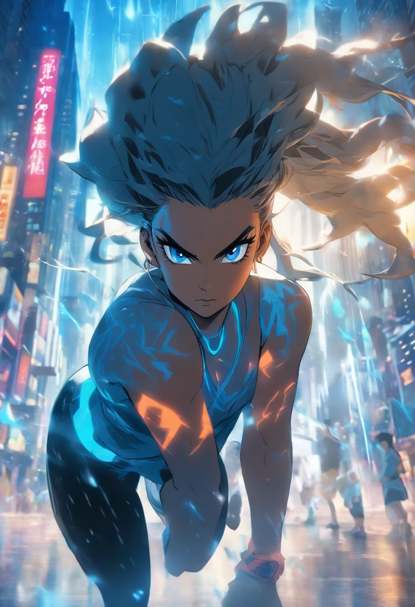 Blue eyes, Masterpiece, Best Quality, 8K, Photographic Reality, Realistic, Octane Rendering, Bustling Urban Streets of CHicago (1 Woman: 1.4), (Only One Woman on the Screen: 1.3), (Grey Shirt), (Black Hair in Ponytail), (Black shorts), (silver teardrop pendant), (Blue Eyes) Upper Body Display (Asian-American) (Fit, Athletic, Tall, muscular, strong)(Small Breasts) (Frost Giant)