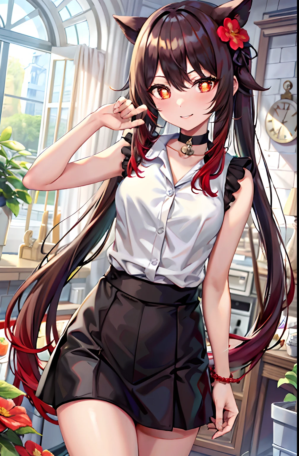 Best Quality, 超A high resolution, 1girl in, sleeveless white button shirt, Black skirt, Black Choker, Cute, (aegyo sal:1), ( long red-brown hair:1), ((Puffy eyes)), Look at me, Full body, Smile at me, Red Eyes, flower pupils, Dolce, Beautiful, Cute, looking after, Shy, Love me with all your heart