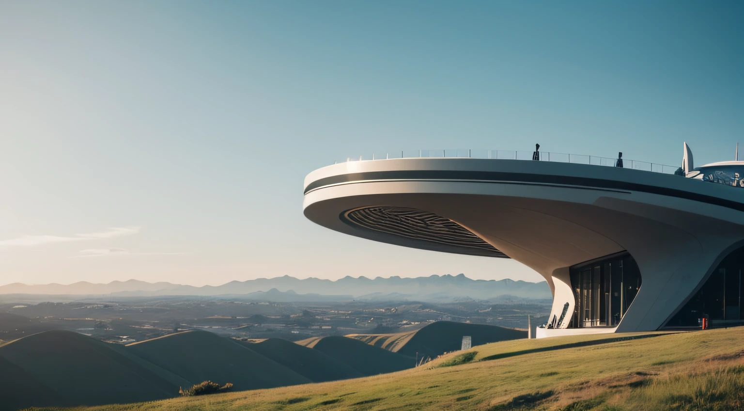 a futuristic building settled on top of a hill in the distance surrounded by other rolling hills, liminal
