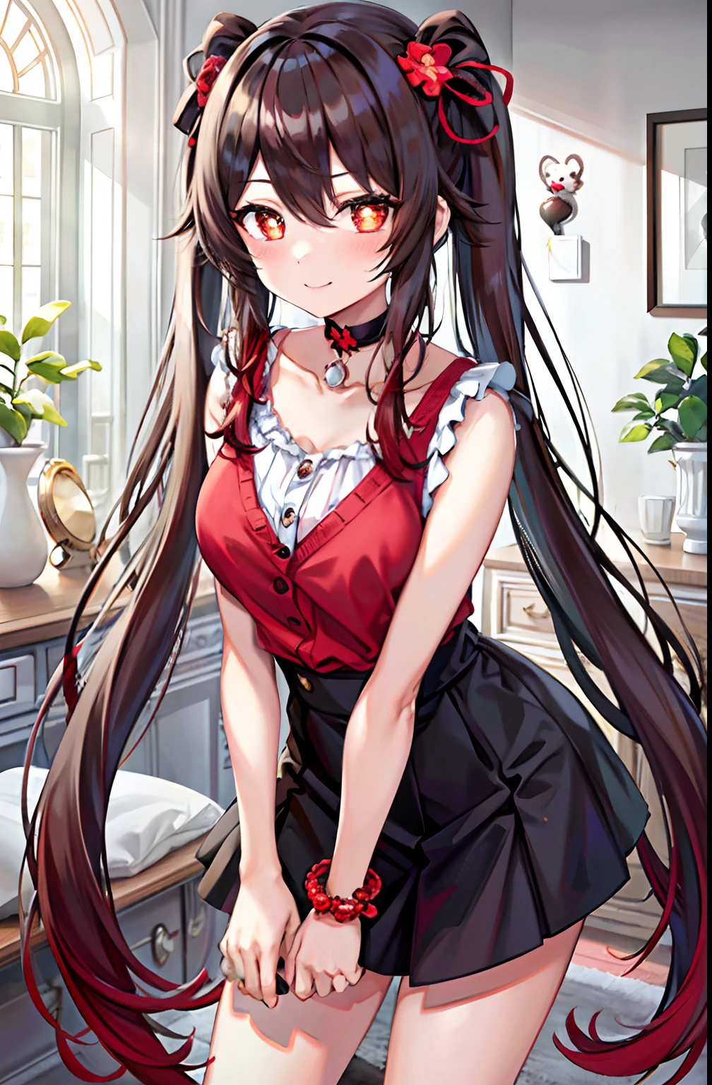 Best Quality, 超A high resolution, 1girl in, sleeveless white button shirt, Black skirt, Black Choker, Cute, (aegyo sal:1), ( long red-brown hair:1), ((Puffy eyes)), Look at me, Full body, Smile at me, Red Eyes, flower pupils, Dolce, Beautiful, Cute, looking after, Shy, Love me with all your heart