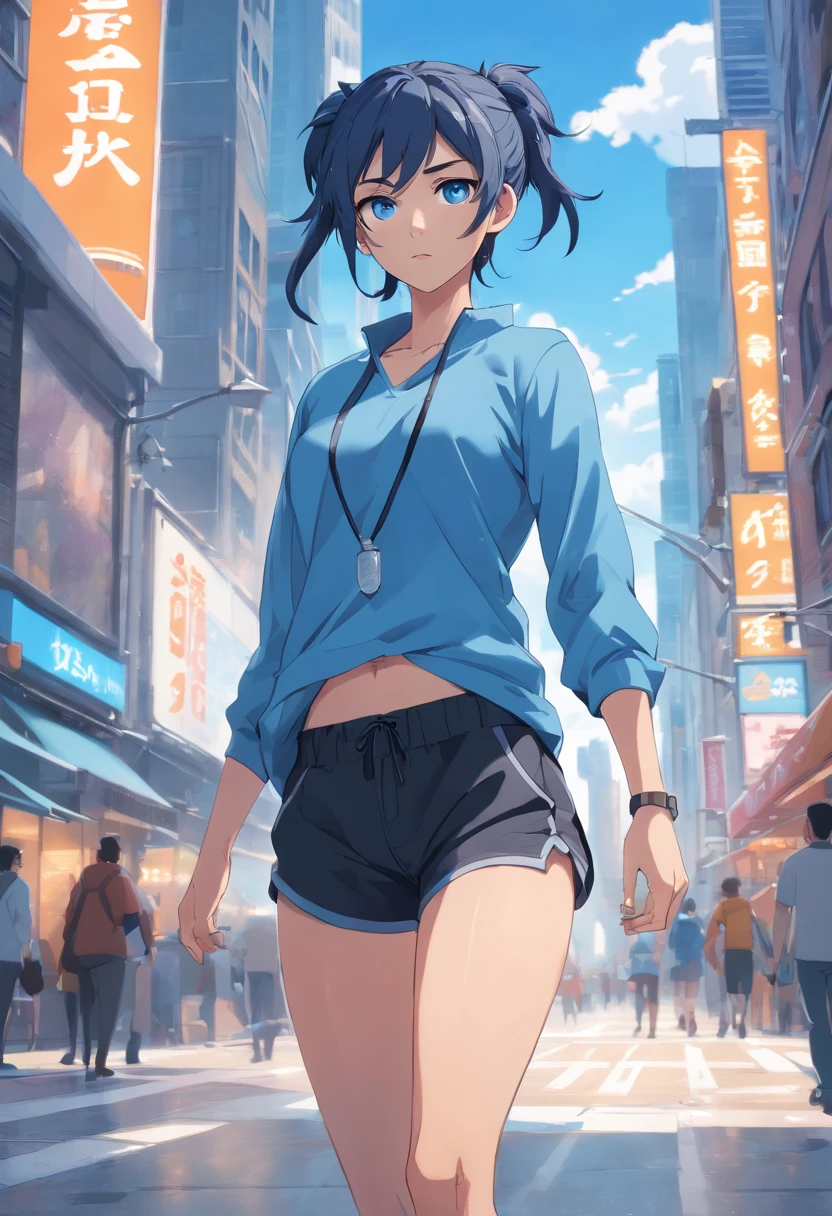 Blue eyes, Masterpiece, Best Quality, 8K, Photographic Reality, Realistic, Octane Rendering, Bustling Urban Streets of CHicago (1 Woman: 1.4), (Only One Woman on the Screen: 1.3), (Grey Shirt), (Black Hair in Ponytail), (Black shorts), (silver teardrop pendant), (Blue Eyes) Upper Body Display (Asian-American) (Fit, Athletic, Tall, muscular, strong)(Small Breasts) (Frost Giant)