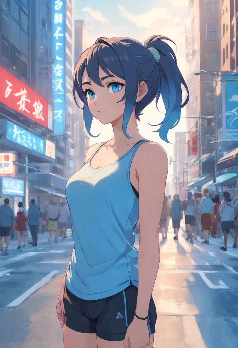 Blue eyes, Masterpiece, Best Quality, 8K, Photographic Reality, Realistic, Octane Rendering, Bustling Urban Streets of CHicago (1 Woman: 1.4), (Only One Woman on the Screen: 1.3), (Grey Shirt), (Black Hair in Ponytail), (Black shorts), (silver teardrop pendant), (Blue Eyes) Upper Body Display (Asian-American) (Fit, Athletic, Tall, muscular, strong)(Small Breasts) (Frost Giant)