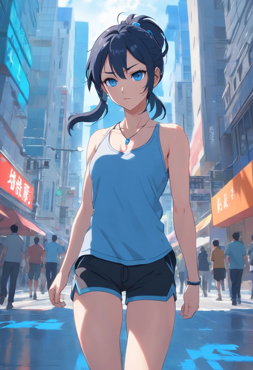 Blue eyes, Masterpiece, Best Quality, 8K, Photographic Reality, Realistic, Octane Rendering, Bustling Urban Streets of CHicago (1 Woman: 1.4), (Only One Woman on the Screen: 1.3), (Grey Shirt), (Black Hair in Ponytail), (Black shorts), (silver teardrop pendant), (Blue Eyes) Upper Body Display (Asian-American) (Fit, Athletic, Tall, muscular, strong)(Small Breasts) (Frost Giant)