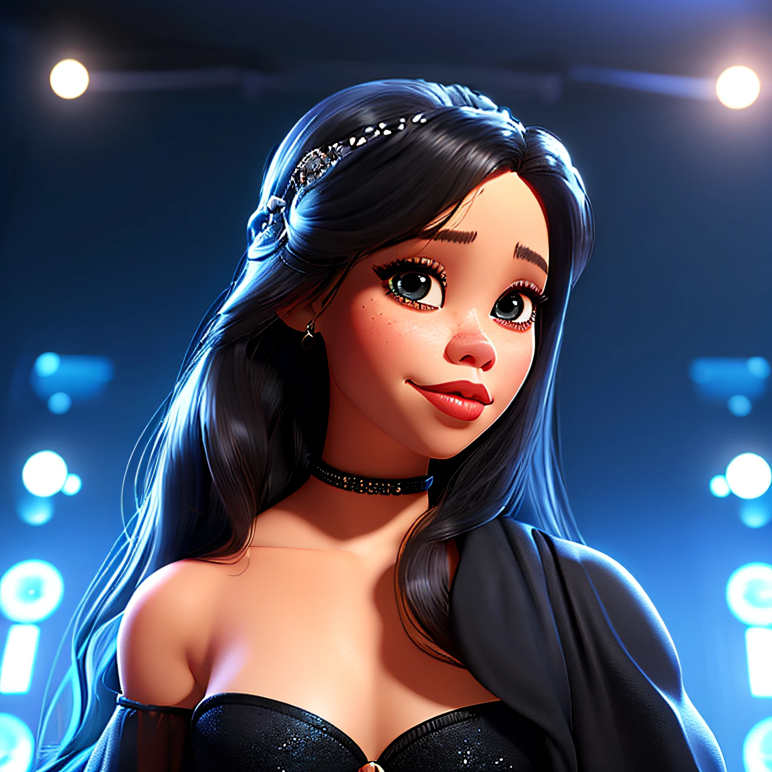 Pixar-style movie poster, En 3D al estilo Pixar Disney, Jenna Ortega. labios grandes, ojos grandes, ,vestido negro, Collar de perlas, corona. pelo negro largo, collar blancoChibi