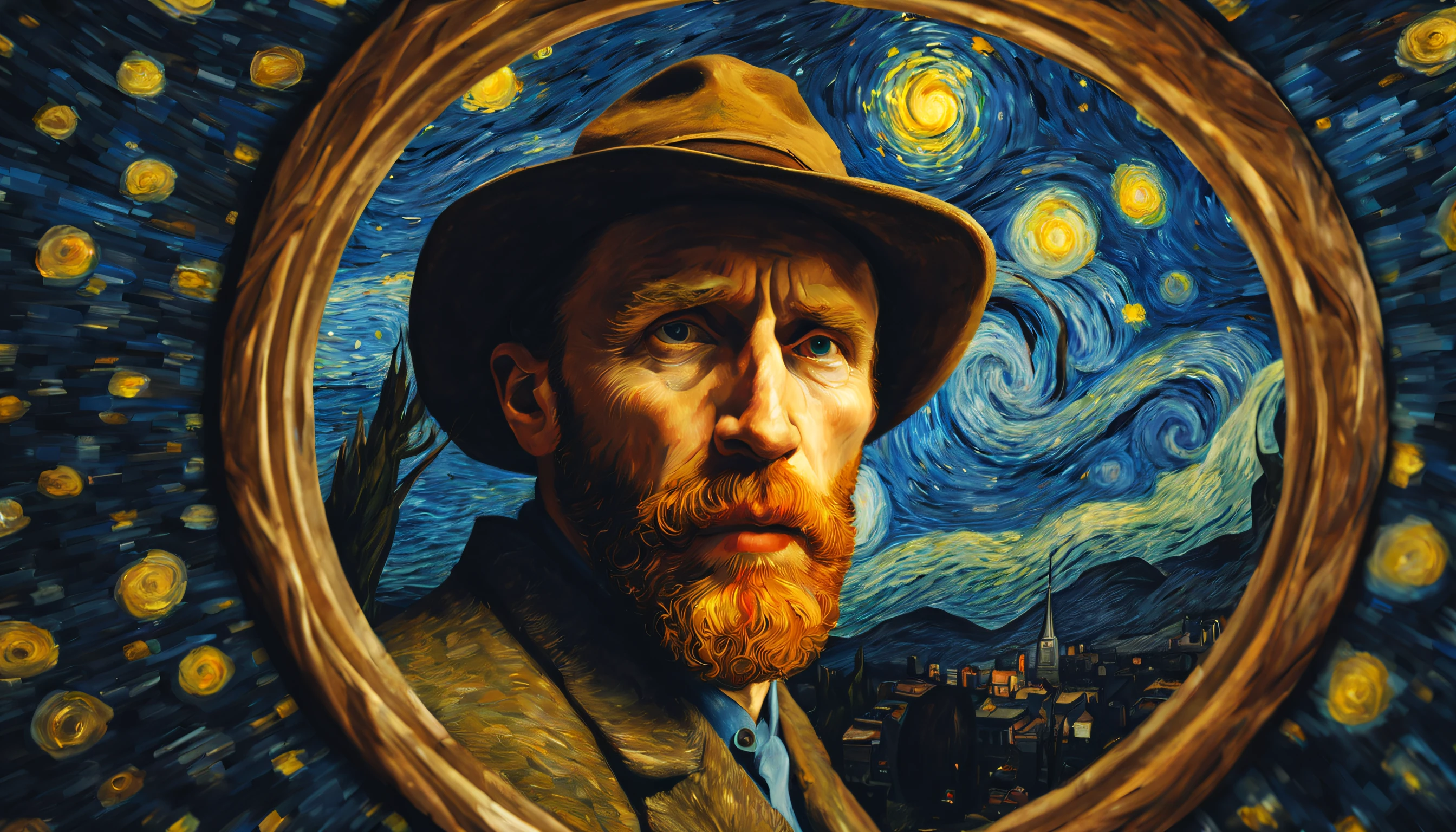 Selfie of impressionist painter Van Gogh, against the backdrop of a starry night,  fisheye lens, 8K camera, wide view, (Best Quality), Complex and detailed 3D rendering, Cinematic light, films, photograph realistic