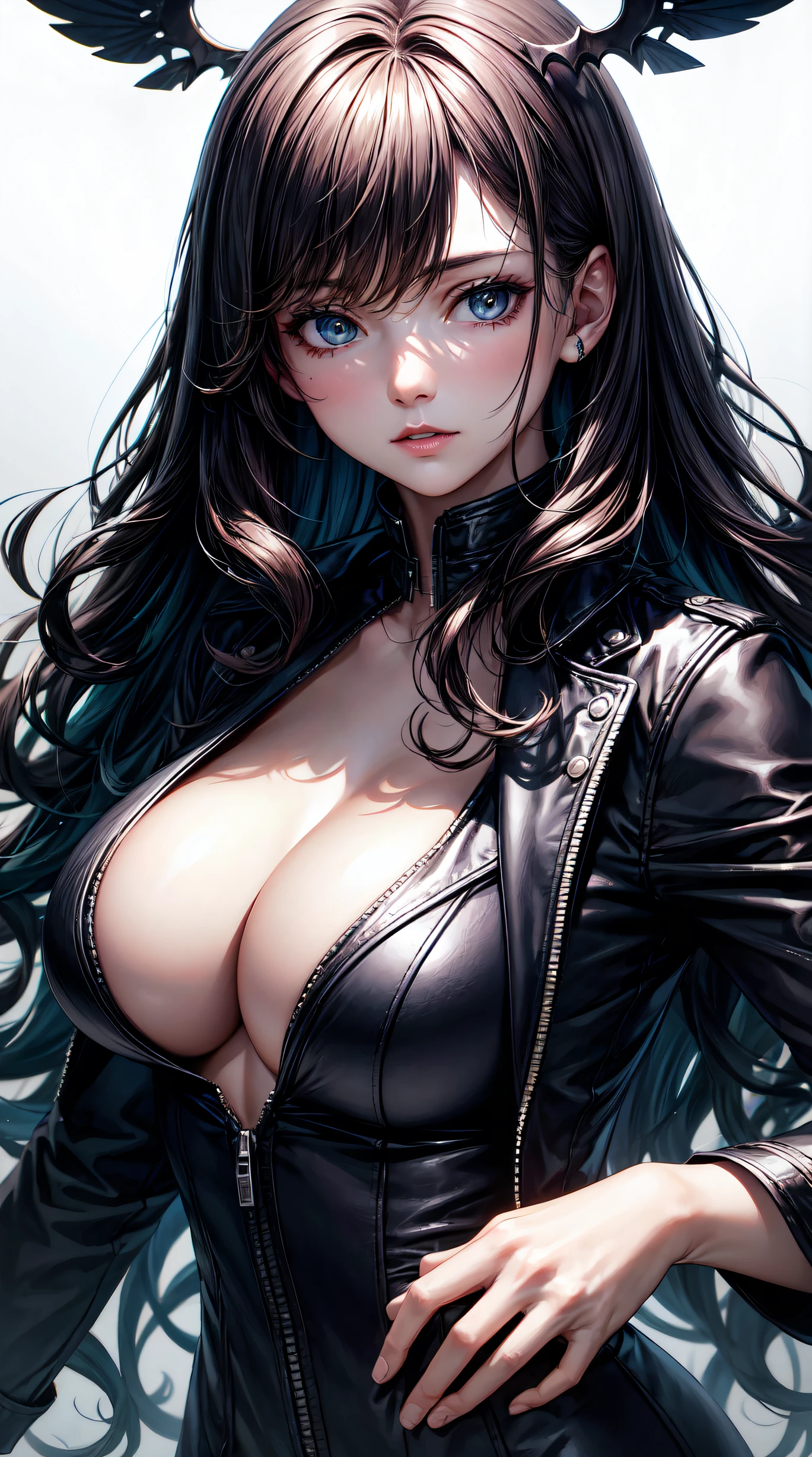 (best quality:1.5, highres, UHD, 4K, detailed lighting, shaders), black wavy hair, large breasts , woman jacket, long coat, (pov), Portrait, white background