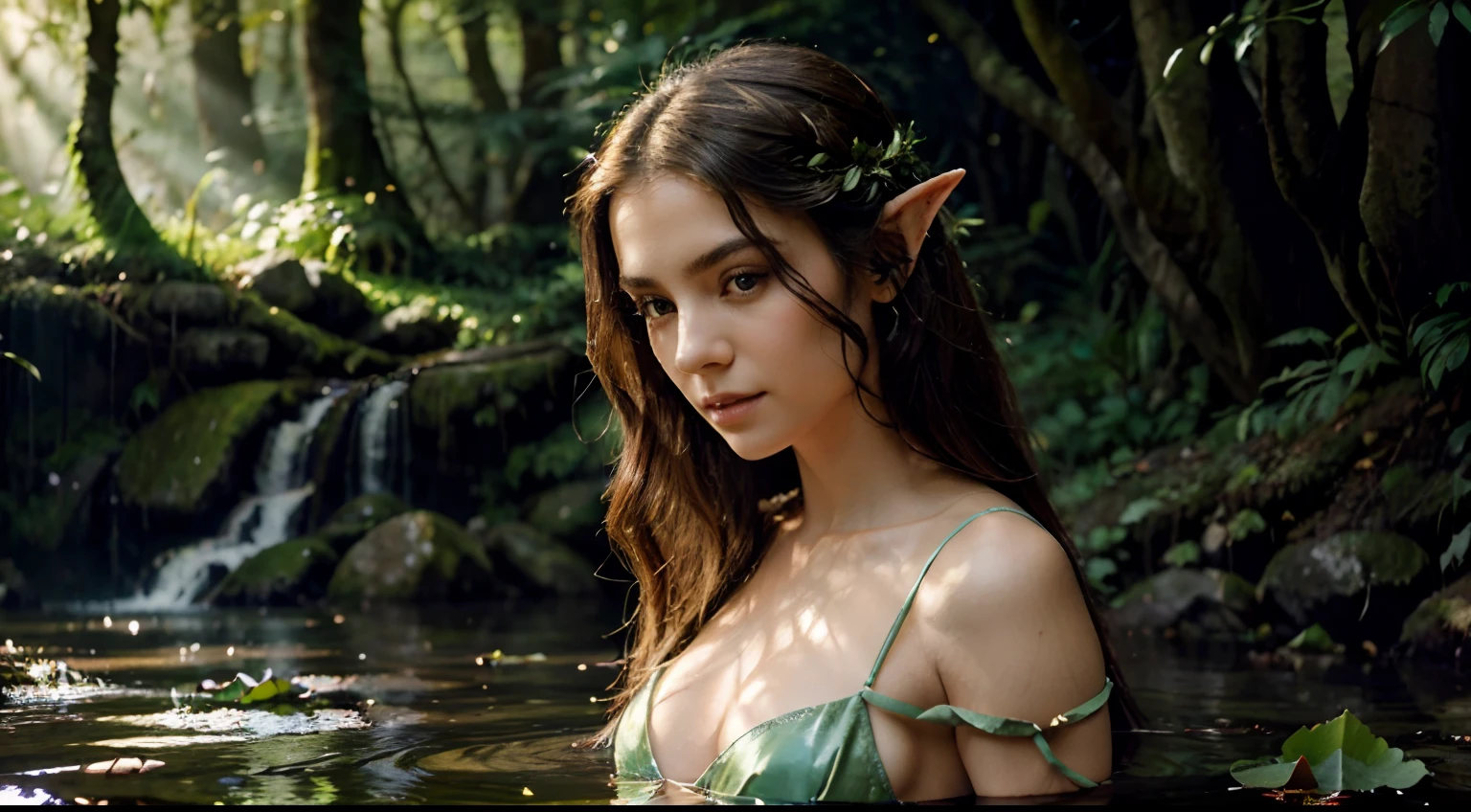 Generate a highly realistic and cinematic image of Lirael, A young woman with elven features. It is set in a setting that fits perfectly into the context of the story. The scene takes place at the edge of a serene stream in the elven forest, with ancient trees filtering the golden light of the setting sun.

Lirael wears dazzling elven costumes that underscore the grace and beauty of her race. Your hair is long, escuro e sedoso, caindo em cascata sobre seus ombros. Her youthful face radiates serenity and determination, with deep eyes that reflect the wisdom and mystery of his people.

The scenery around it is magical, With the sunlight filtering through the leaves of the ancient trees, creating soft shadows and highlighting details such as water lilies in the creek and mosses that cover the centuries-old trees.

The image should capture the beauty of Lirael and the magical atmosphere of the elven forest. The lighting should be soft and bring out every detail, ensuring that the image maintains impeccable quality.