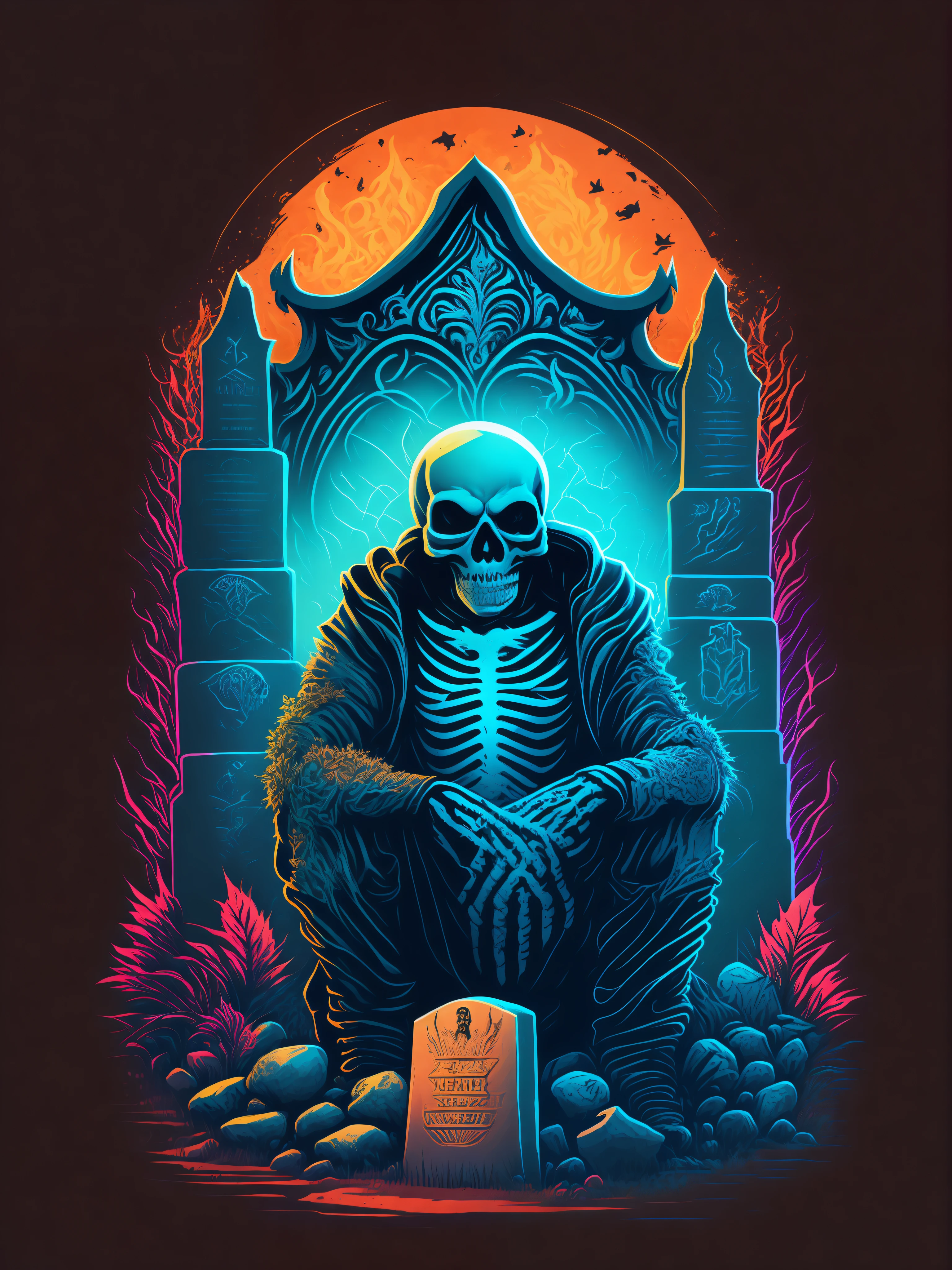 Skeleton zombie sitting in front of a gravestone, T-shirt design, vector art style, mid-journey theme, Hydro74 detailing. no text