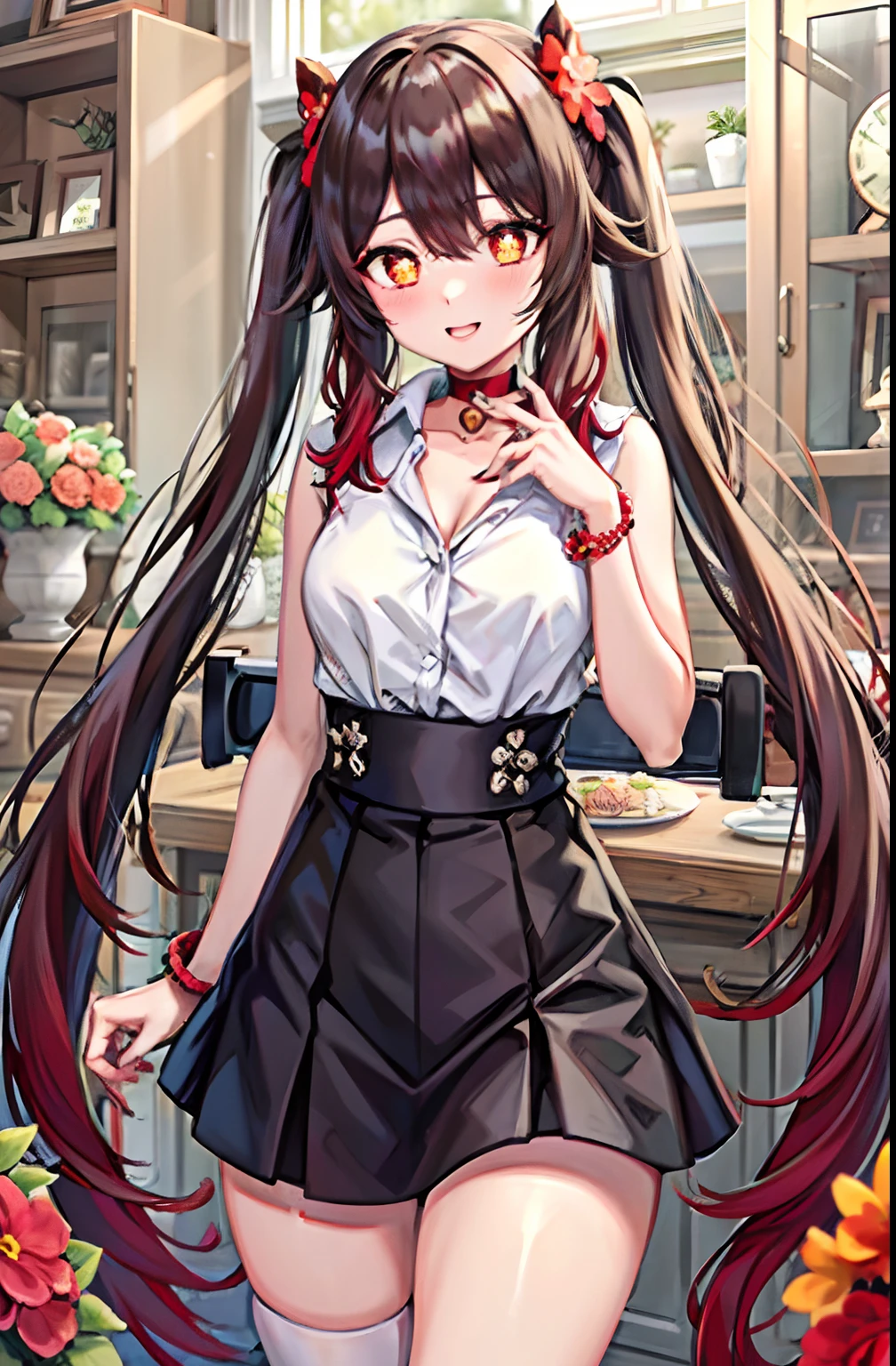 Best Quality, 超A high resolution, 1girl in, sleeveless white button shirt, Black skirt, Black Choker, Cute, (aegyo sal:1), ( long red-brown hair:1), ((Puffy eyes)), Look at me, Full body, Smile at me, Red Eyes, flower pupils, Dolce, Beautiful, Cute, looking after, Shy, Love me with all your heart