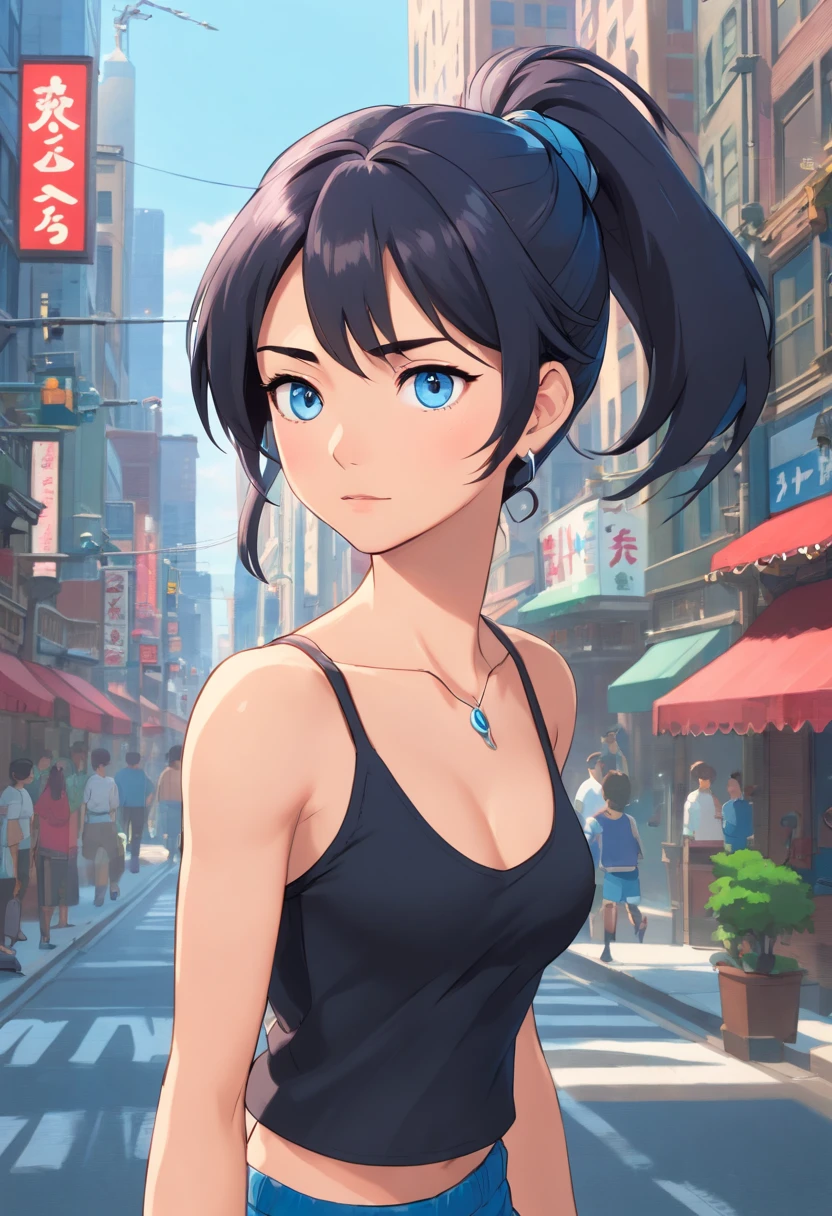Blue eyes, Masterpiece, Best Quality, 8K, Photographic Reality, Realistic, Octane Rendering, Bustling Urban Streets of CHicago (1 Woman: 1.4), (Only One Woman on the Screen: 1.3), (Grey Shirt), (Black Hair in Ponytail), (Black shorts), (silver teardrop pendant), (Blue Eyes) Upper Body Display (Asian-American) (Fit, Athletic, Tall, muscular, strong)(Small Breasts) (Frost Giant)