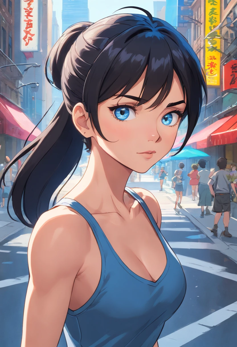 Blue eyes, Masterpiece, Best Quality, 8K, Photographic Reality, Realistic, Octane Rendering, Bustling Urban Streets of CHicago (1 Woman: 1.4), (Only One Woman on the Screen: 1.3), (Grey Shirt), (Black Hair in Ponytail), (Black shorts), (silver teardrop pendant), (Blue Eyes) Upper Body Display (Asian-American) (Fit, Athletic, Tall, muscular, strong)(Small Breasts) (Frost Giant)
