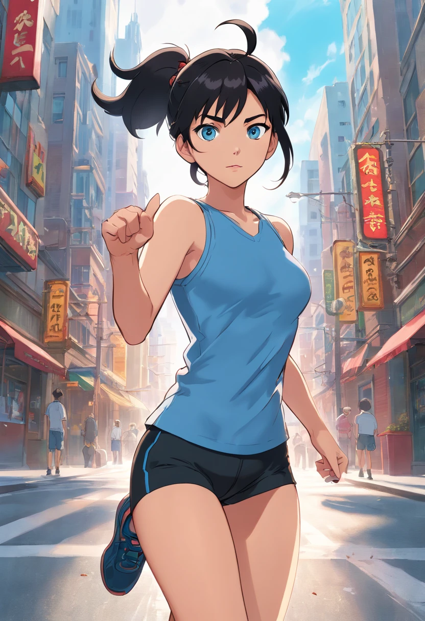 Blue eyes, Masterpiece, Best Quality, 8K, Photographic Reality, Realistic, Octane Rendering, Bustling Urban Streets of CHicago (1 Woman: 1.4), (Only One Woman on the Screen: 1.3), (Grey Shirt), (Black Hair in Ponytail), (Black shorts), (silver teardrop pendant), (Blue Eyes) Upper Body Display (Asian-American) (Fit, Athletic, Tall, muscular, strong)(Small Breasts) (Frost Giant)