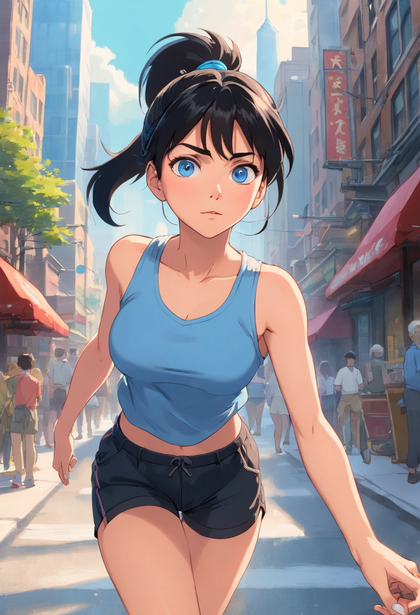 Blue eyes, Masterpiece, Best Quality, 8K, Photographic Reality, Realistic, Octane Rendering, Bustling Urban Streets of CHicago (1 Woman: 1.4), (Only One Woman on the Screen: 1.3), (Grey Shirt), (Black Hair in Ponytail), (Black shorts), (silver teardrop pendant), (Blue Eyes) Upper Body Display (Asian-American) (Fit, Athletic, Tall, muscular, strong)(Small ???????) (Frost Giant)