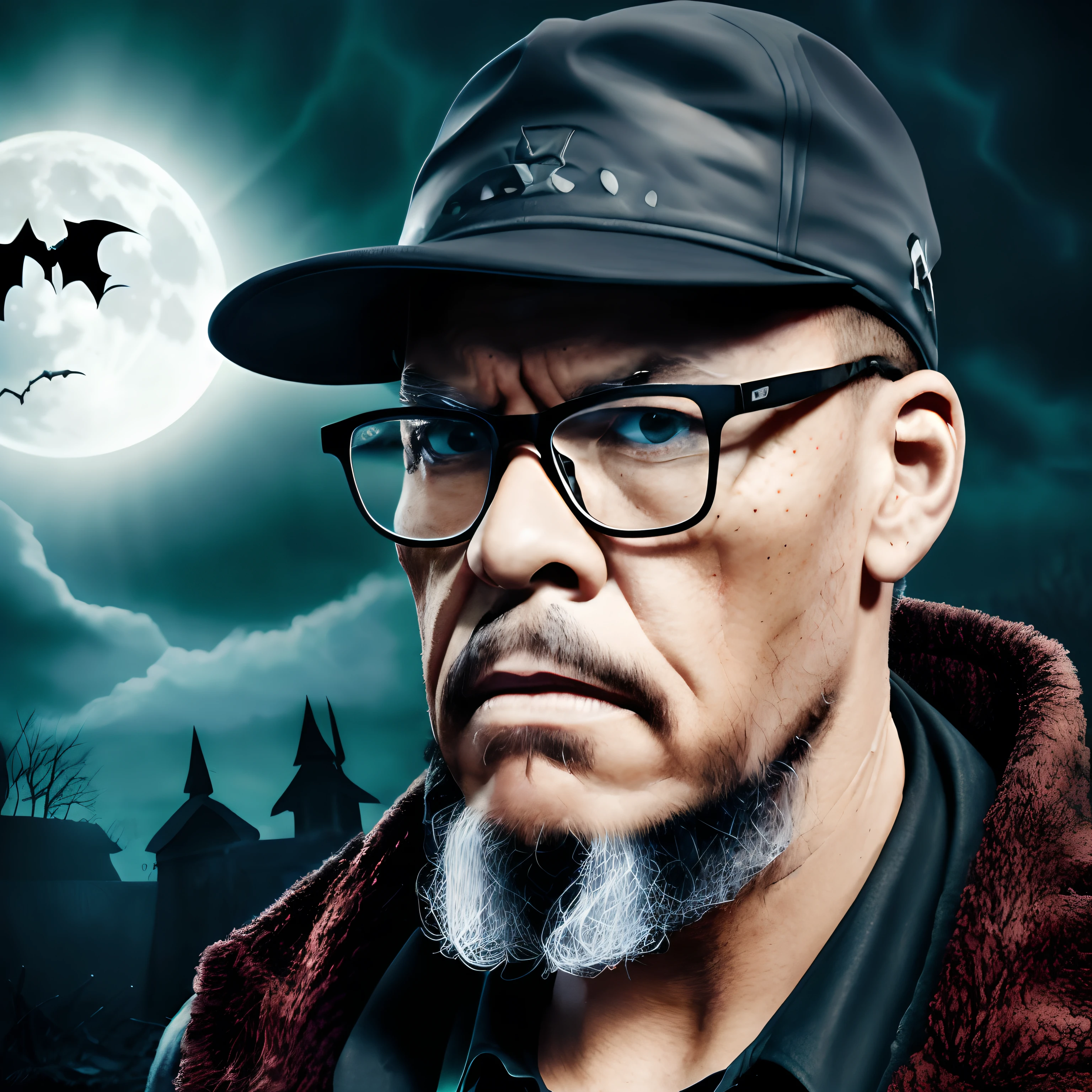 guttojugg1, Close-up of a scary-looking man wearing glasses, barba, olhos negros, that's a scary undertaker, usando smoking e cartola, holding a shovel, Background is a full moon and bats, The humor is morbid, sombrio, dreadful, sombrio, Assombrando, dark stormy sky, dramatic lighting, design de personagens.