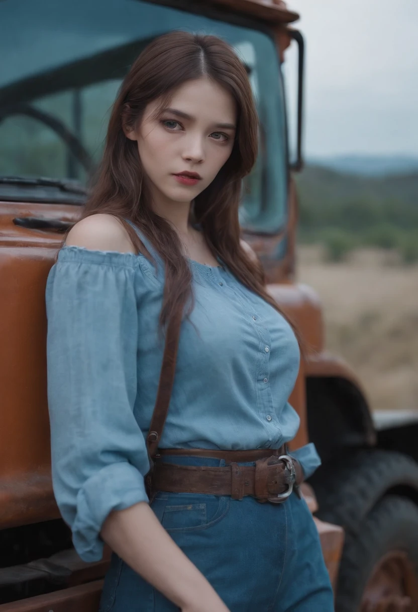 (masterpiece), (best quality), (ultra-detailed), sakura zombie, 1girl, zombie, blue skin, cowboy shot, outdoors, (truck:1.3), night