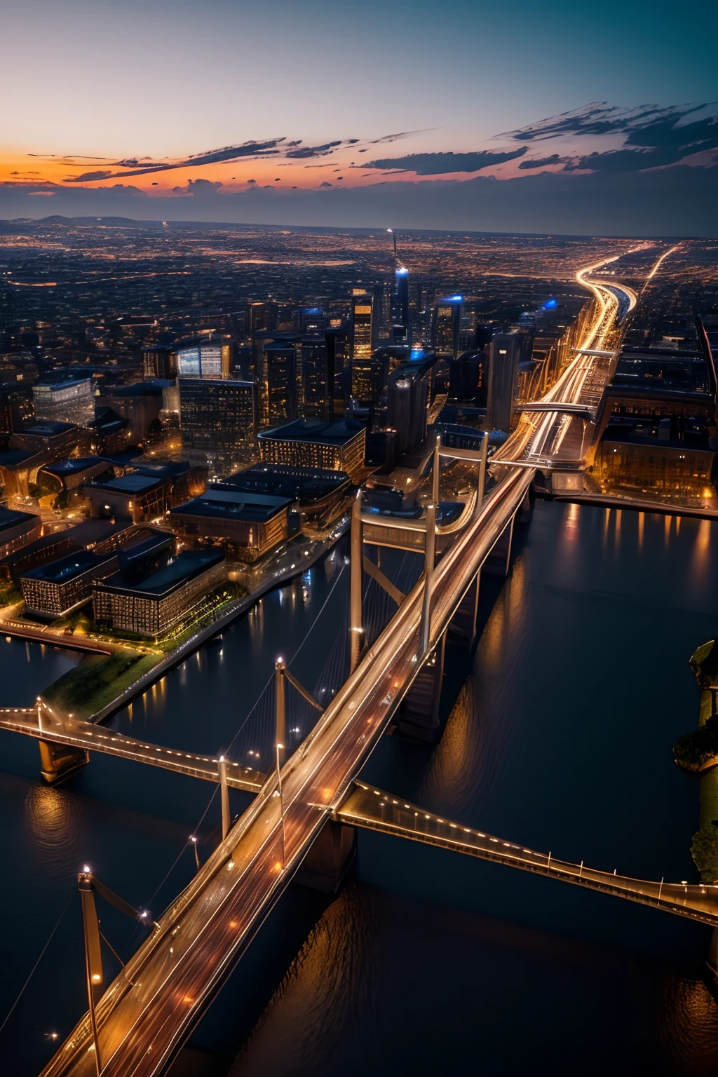Highly detailed landscape of a beautiful city, lit up at night, bridge in distance, breathtaking scenery, great depth and clarity, intricate, path tracing, illustration, insanely detailed, shadow mapping volumetric light, specular lighting