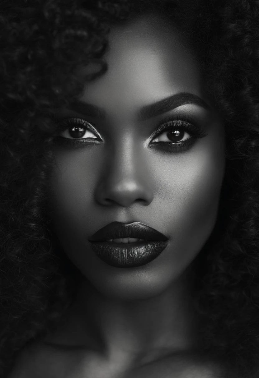 A brown skin black woman with luscious lips, almond-shaped eyes and long curly hair in lingerie