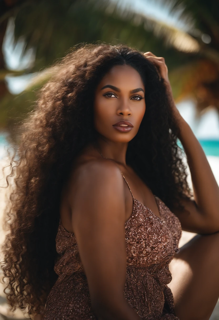 A black woman with luscious lips, almond-shaped eyes and long curly hair at the beach