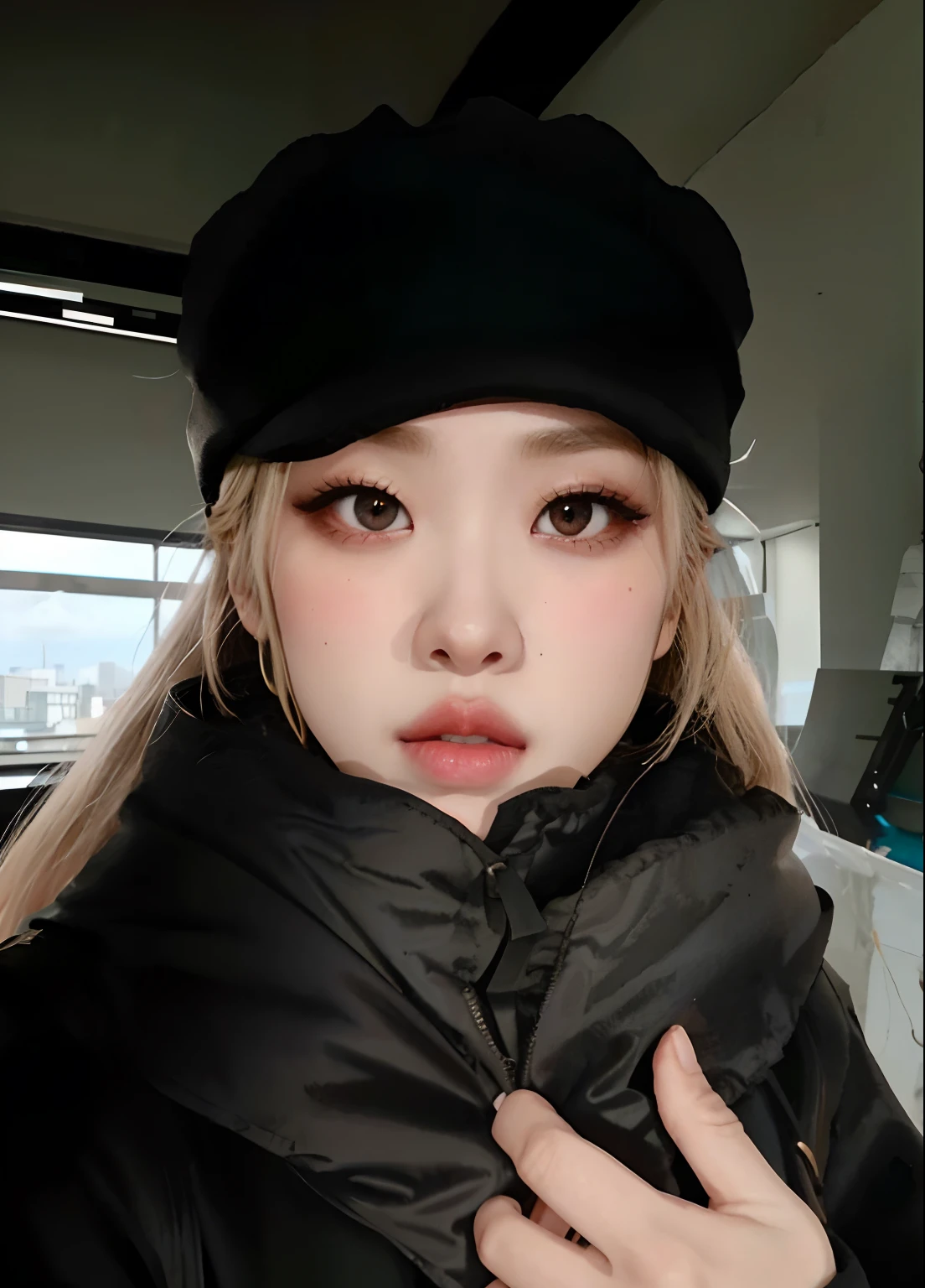 Un primer plano de una persona con un sombrero negro y una chaqueta negra, Retrato de Jossi de Blackpink, Jossi de Blackpink, Parque Roseanne de Blackpink, Jimin\labios regordetes, Jimin\swollen right eyelid, Cl, Blackpink Jennie, Ava Max, Jisoo de Blackpink, Lalisa Manobal, taken in the early 2020s
